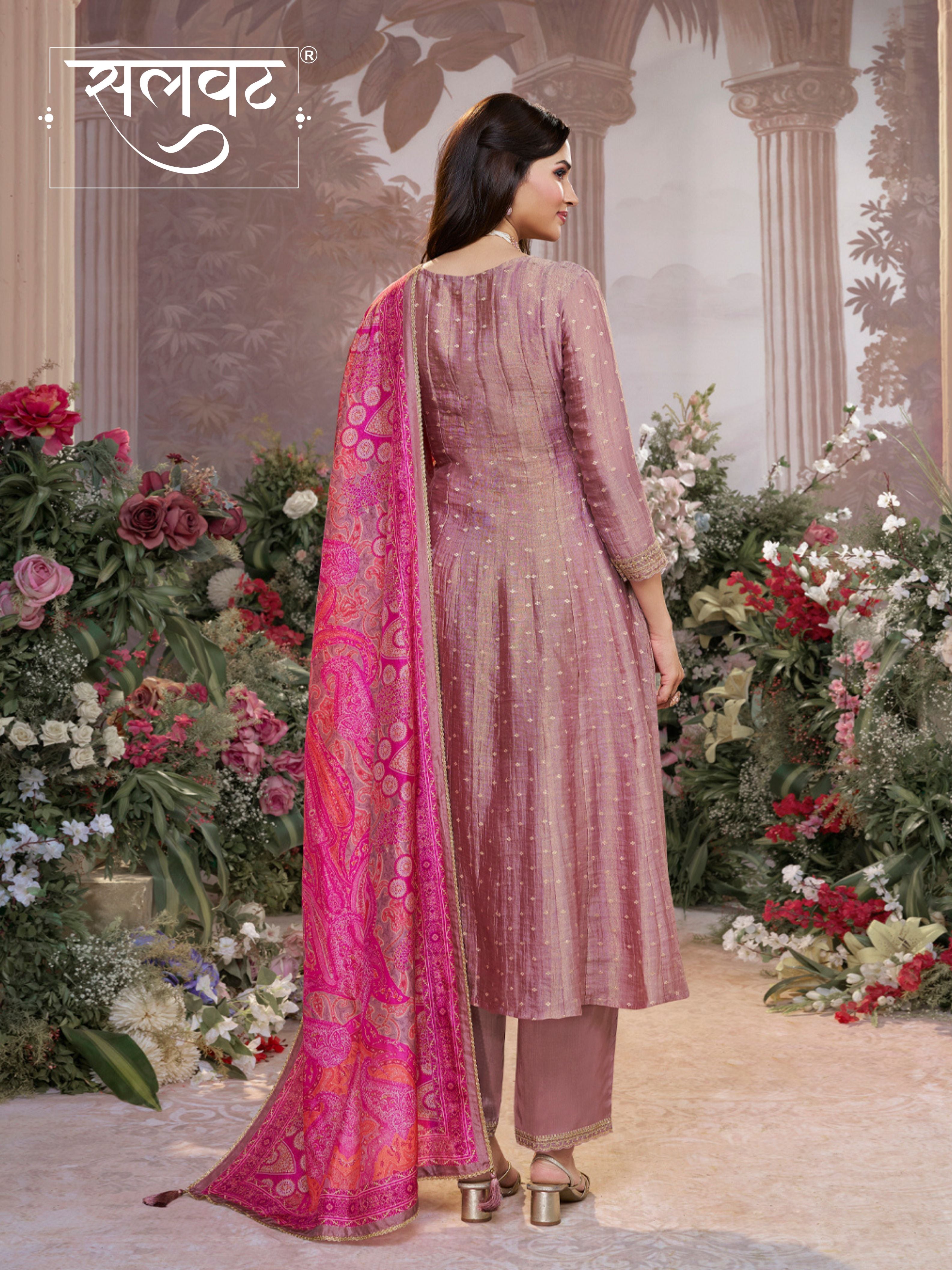 Dusty Rose Tissue Silk Embroidered Anarkali Suit Set with Contrast Digital Print Russian Silk Dupatta