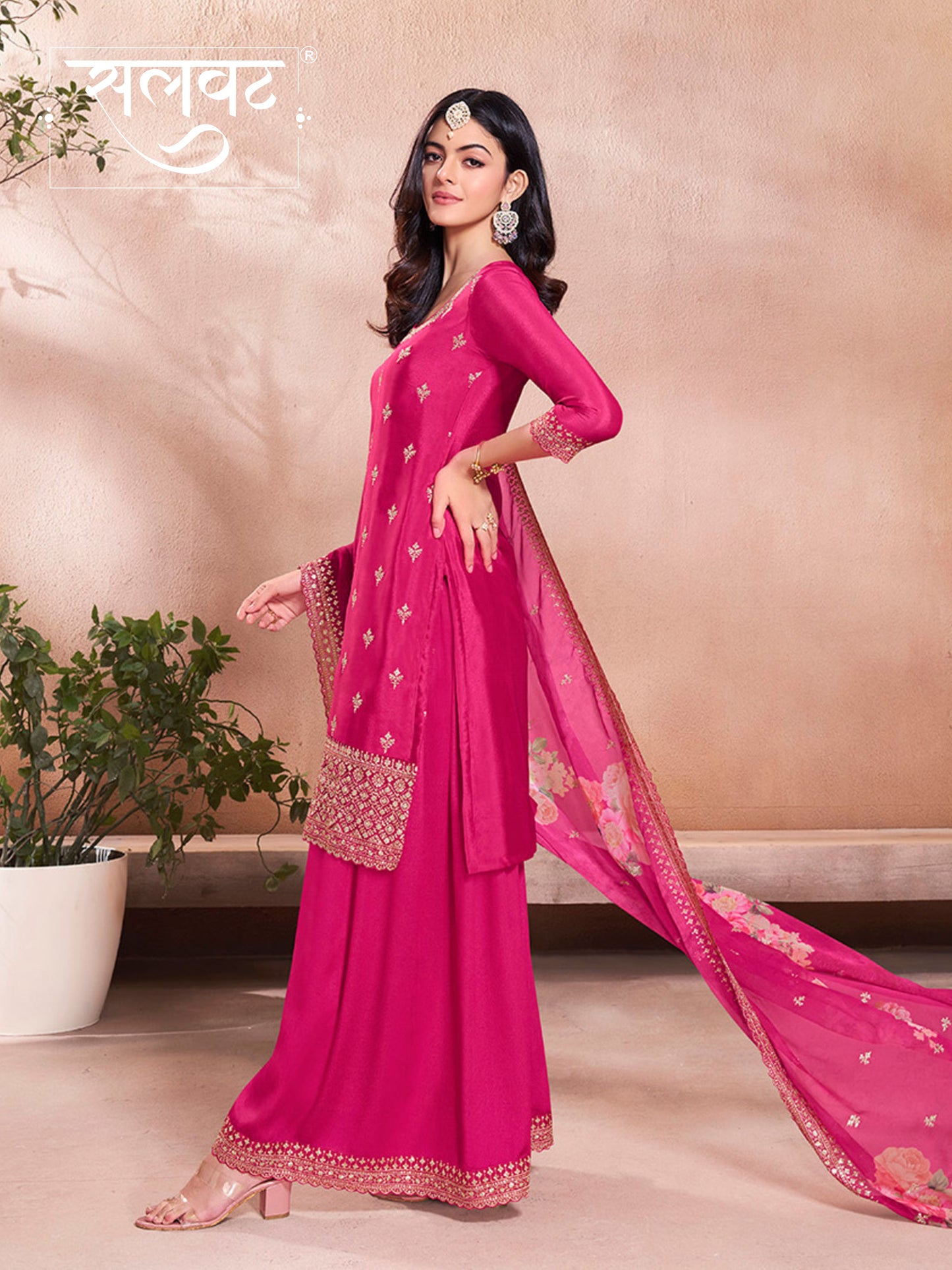 Pink Butti Floral pattern Sequins Embroidered Sharara Suit Set