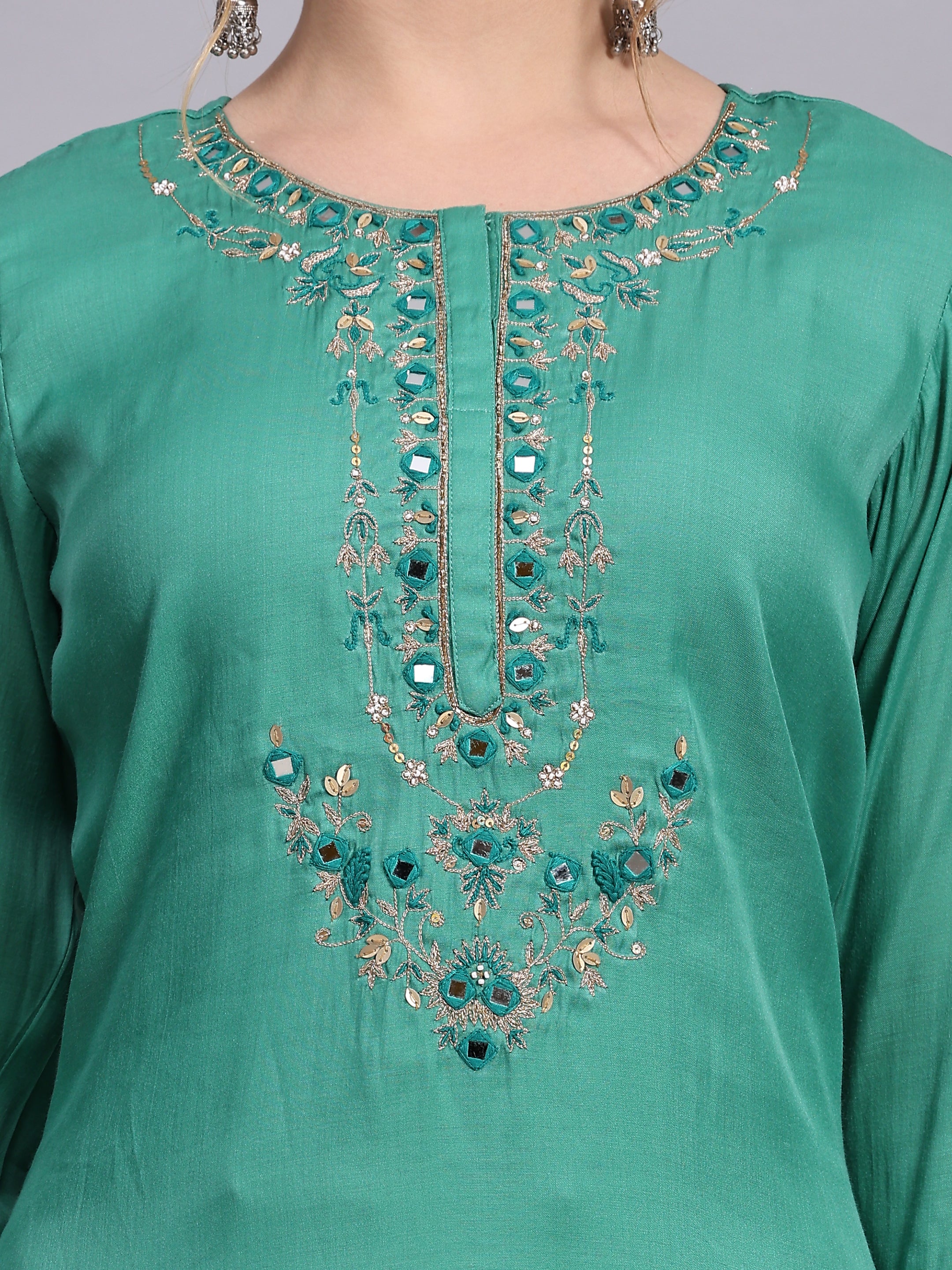 Green Embroidery Viscose Kurta Sets