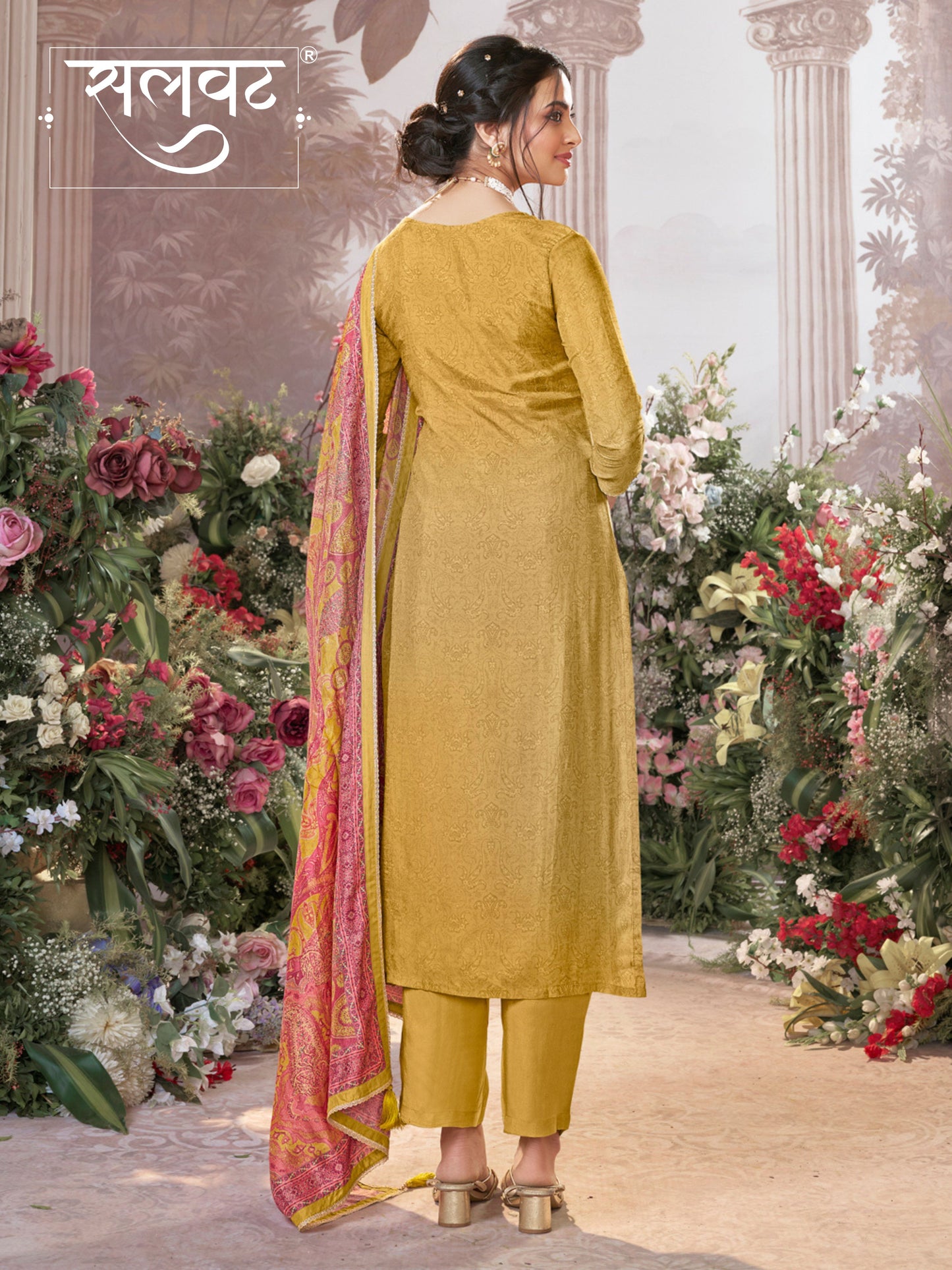 Yellow Russian Silk Kurta With Digital Print Work Paired With Russian Milk Digital Print Contrast Dupatta