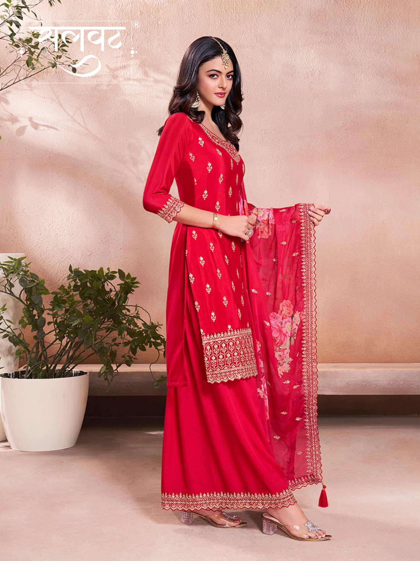 Red Butti Floral pattern Sequins Embroidered Sharara Suit Set