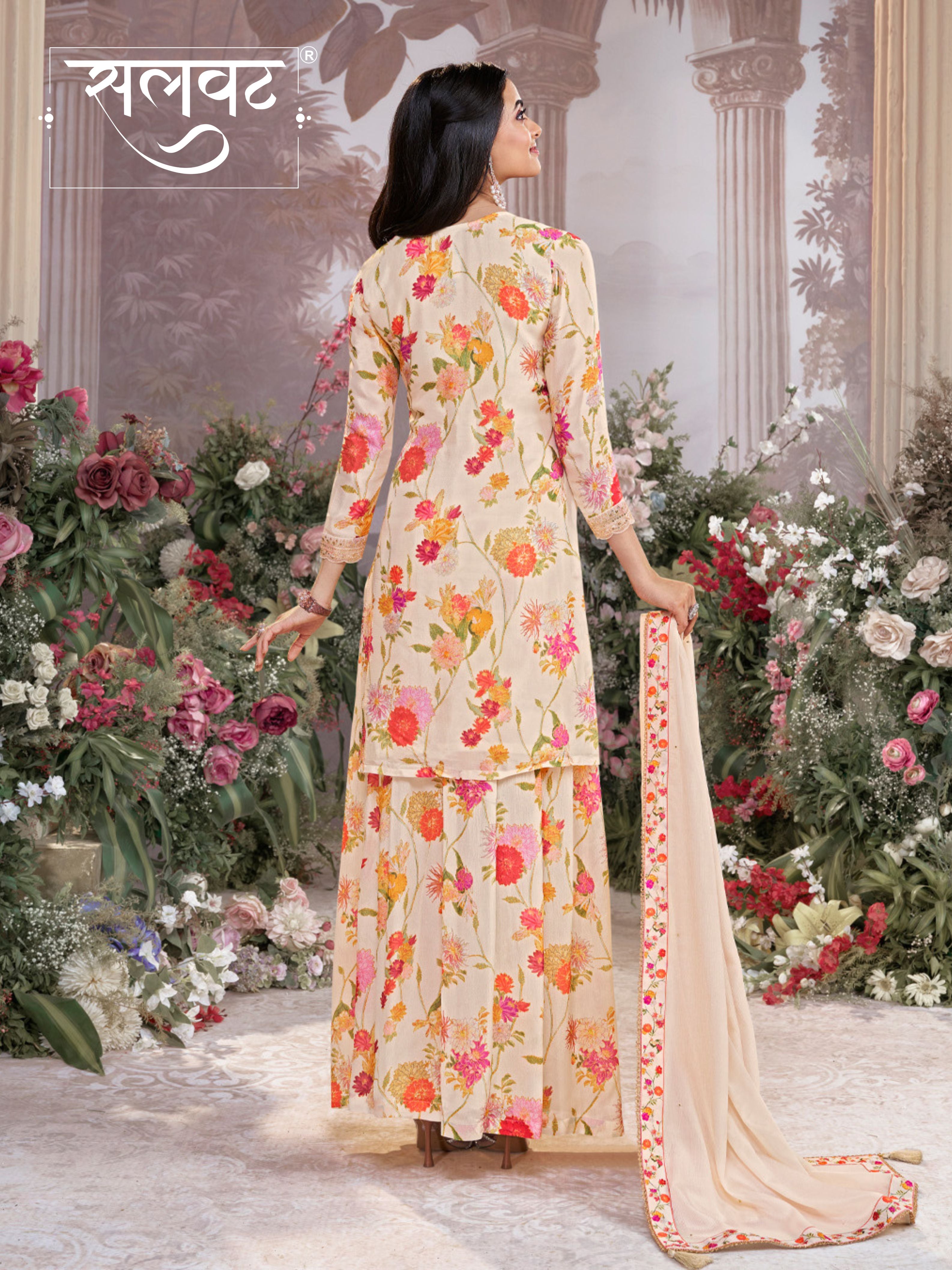 Off-White Chinon Sharara Set with Floral Print and Embroidery
