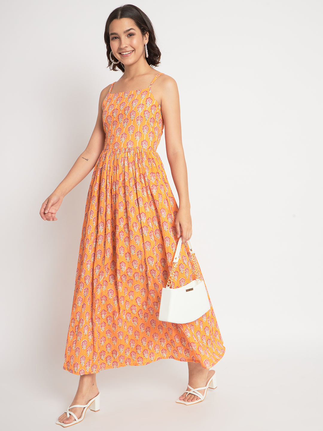Orange Cotton Printed Long Dress
