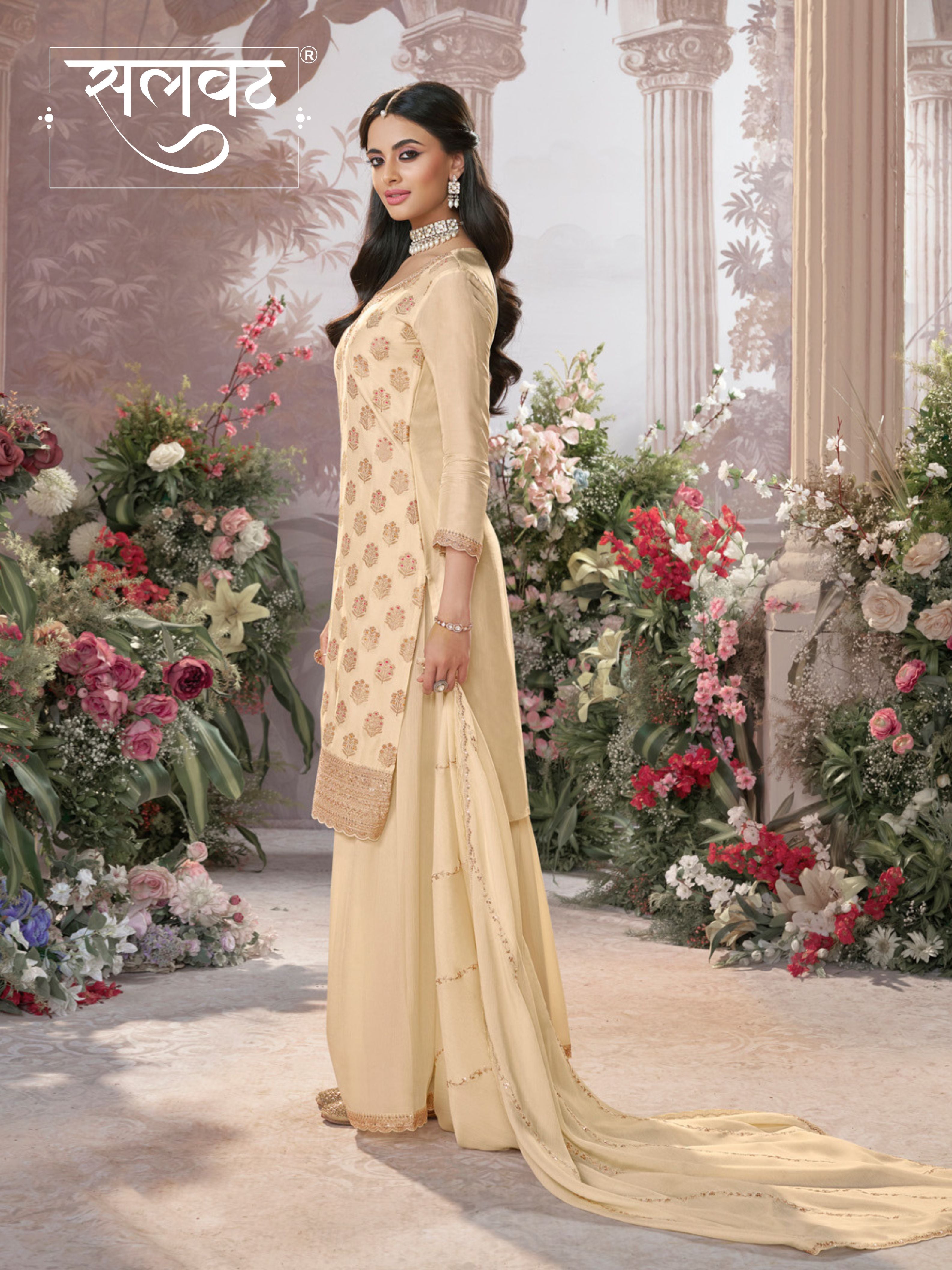 White Dola Silk Meena Jacquard Kurta Set Paired With Embroidered Sharara Suit Set