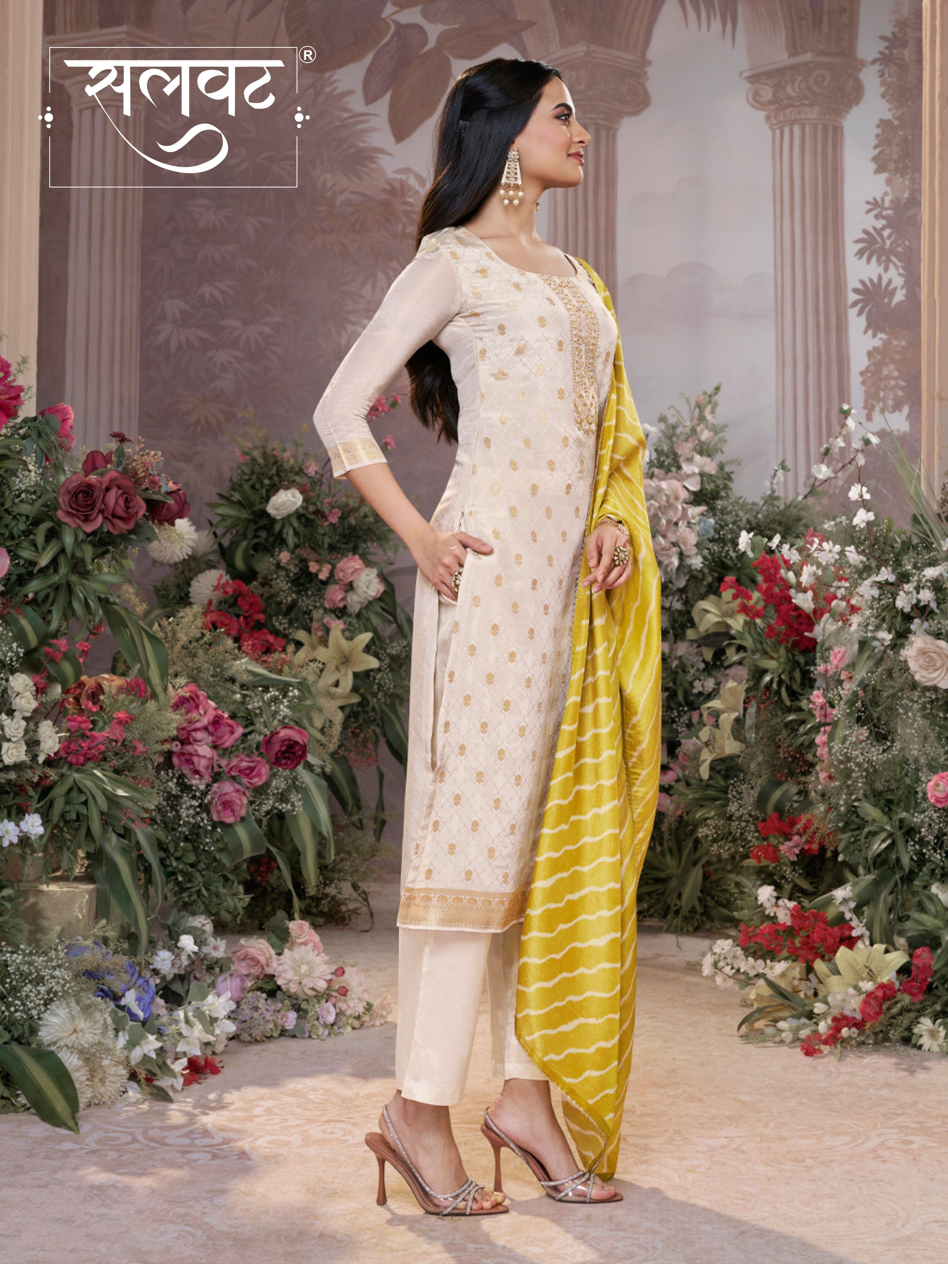 Cream Tissue Jacquard Kurta Set with Yellow Contrast Digital Print Dupatta