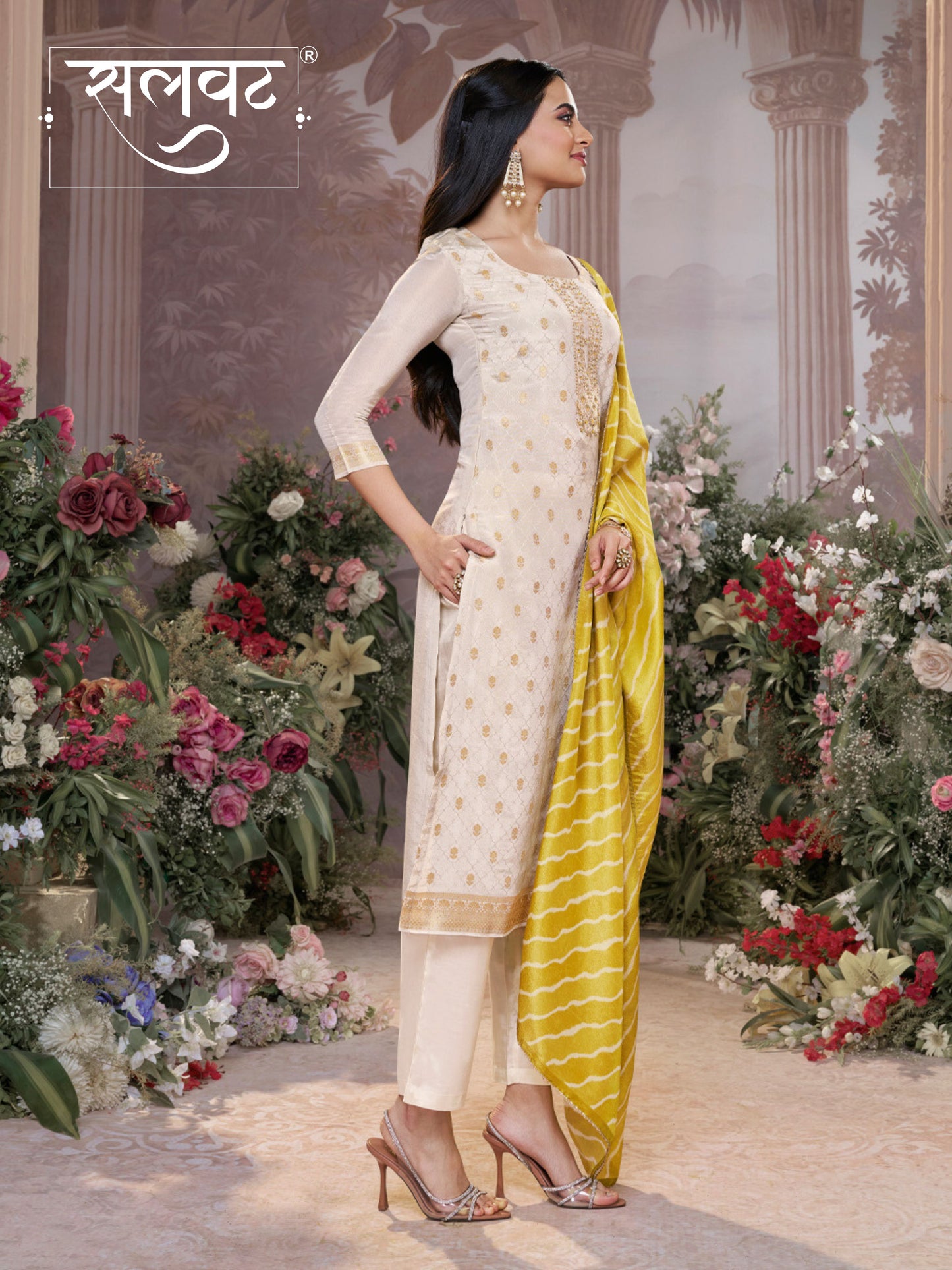Cream Tissue Jacquard Kurta Set with Yellow Contrast Digital Print Dupatta