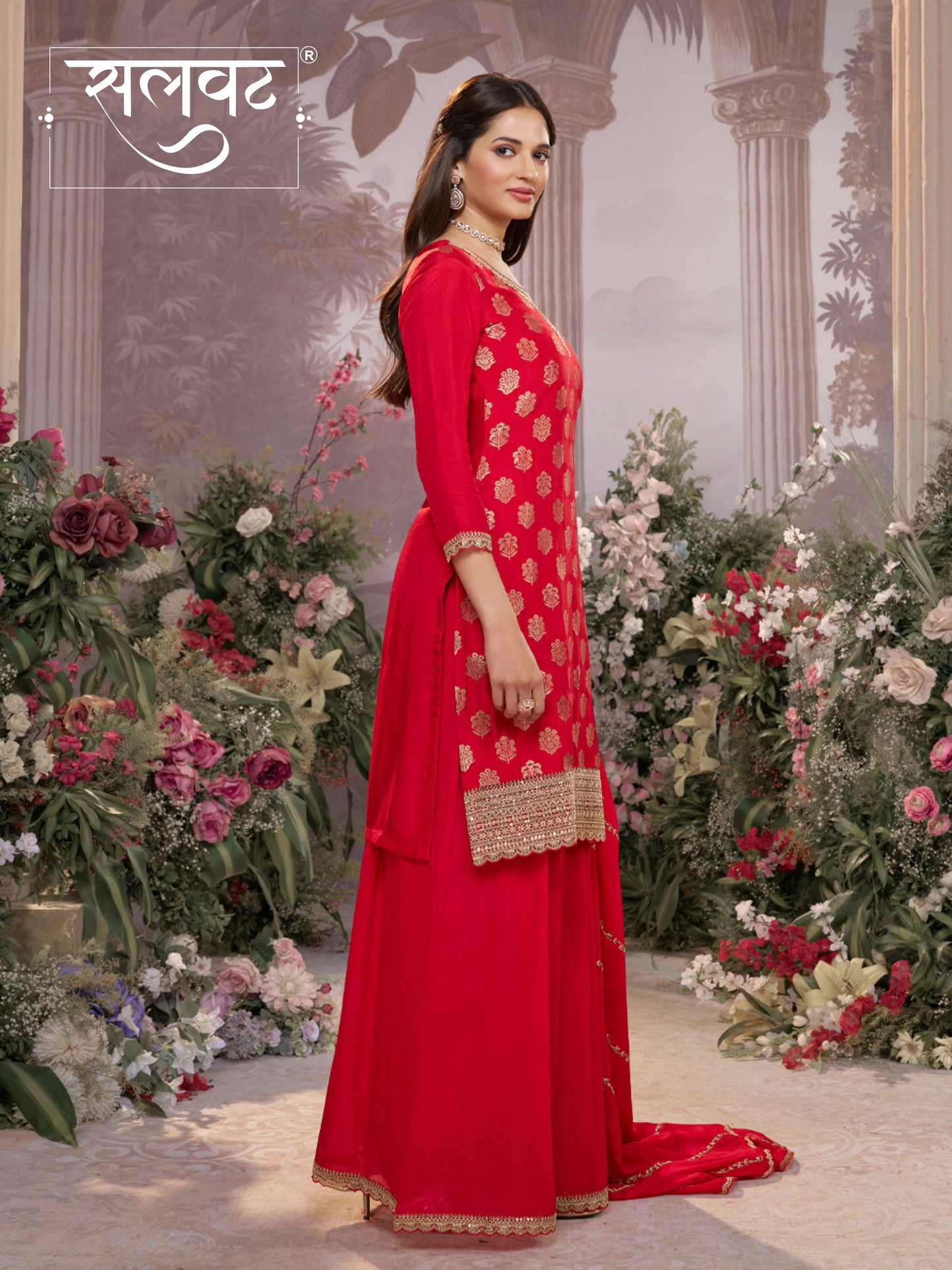 Red Dola Silk Meena Jacquard Kurta Set Paired With Embroidered Sharara Suit Set