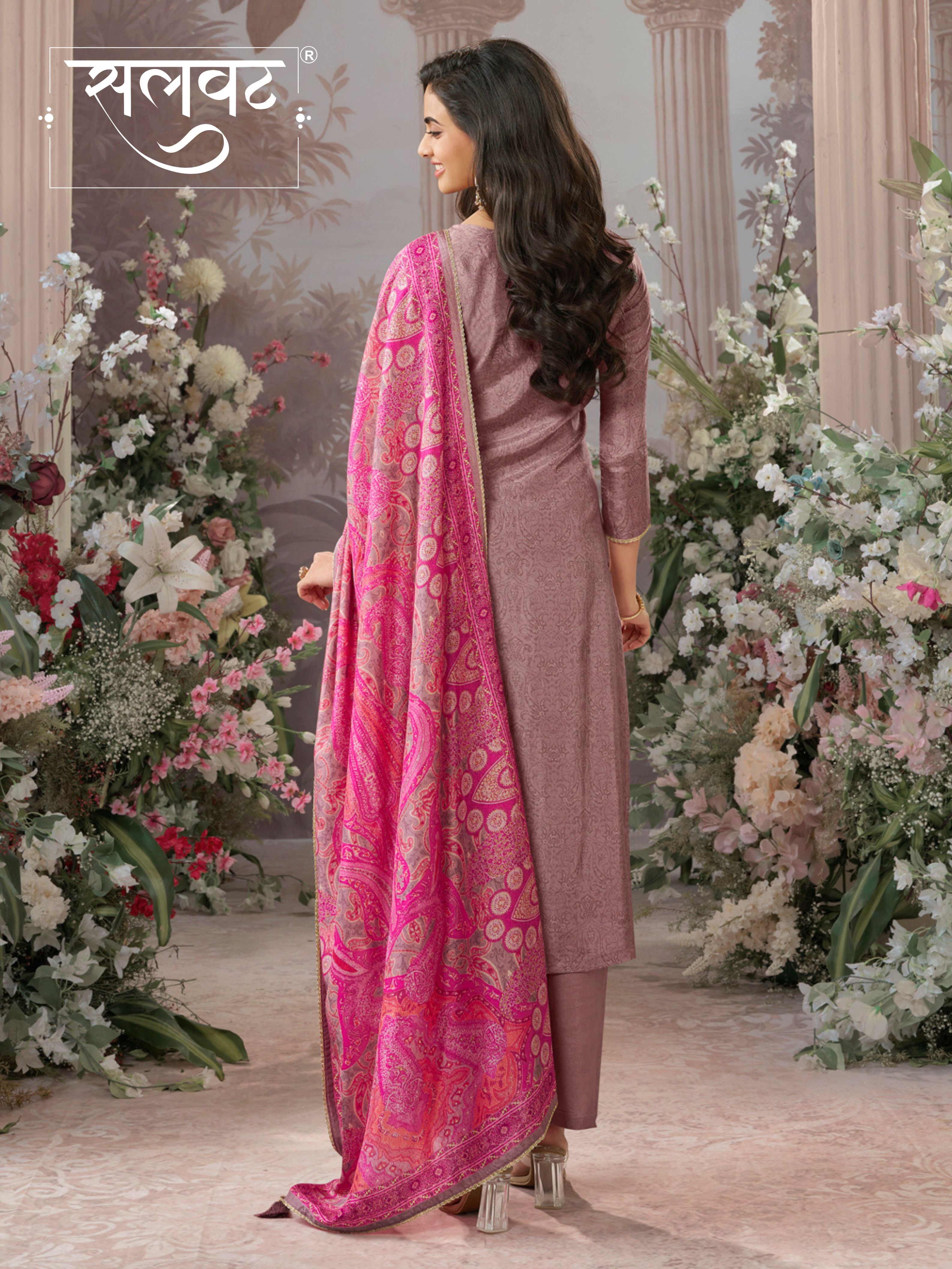 Dusty Rose Russian Silk Kurta With Digital Print Work Paired With Russian Milk Digital Print Contrast Dupatta