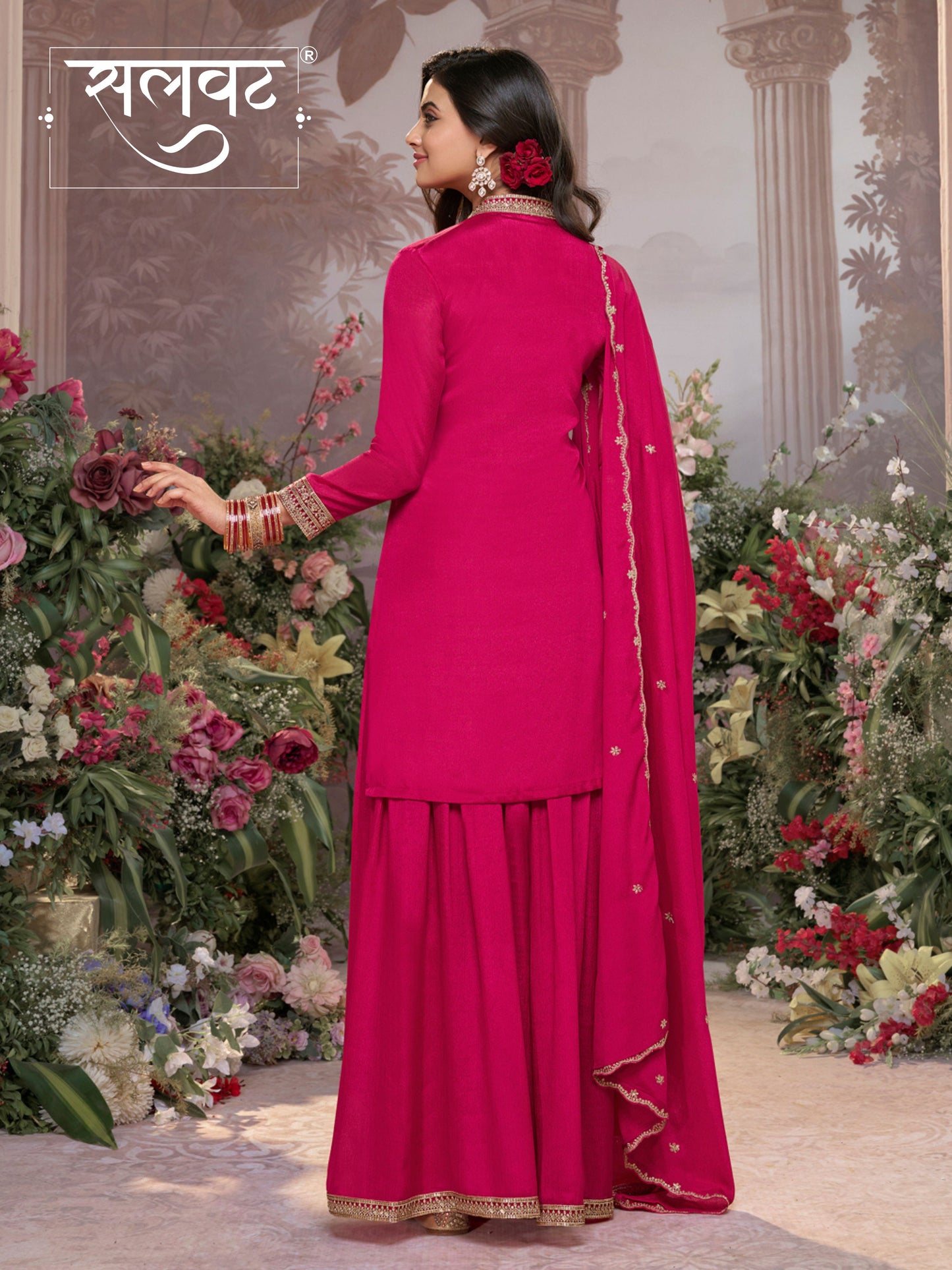 Hot Pink Chinon Kurta Set with Heavy Jacquard Work Paired with Chinon Dupatta with Embroidered Work.