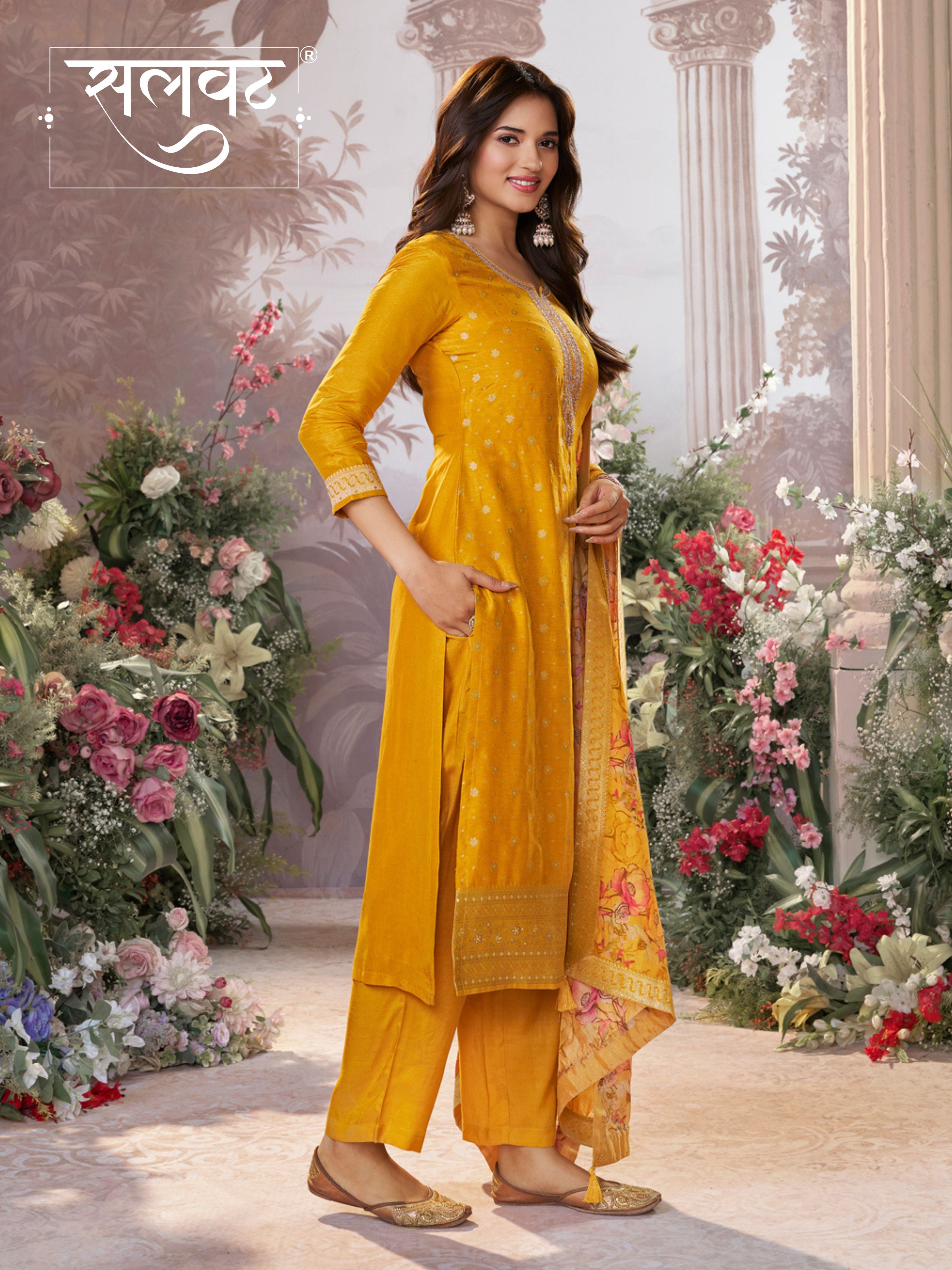 Yellow Dola Silk Kurta Set with Jacquard Detailing and Intricate Embroidery, Paired with a Cherry Silk Dupatta