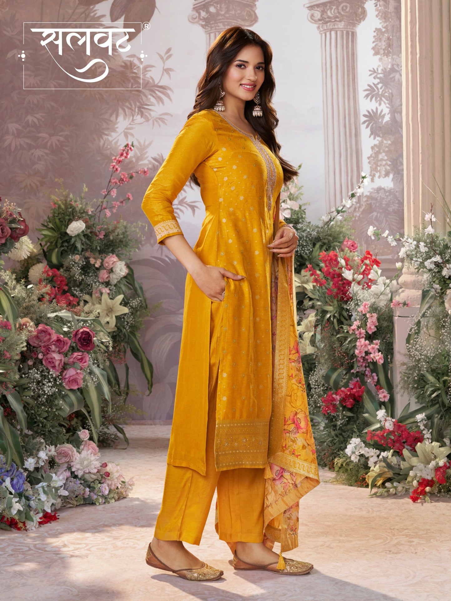 Yellow Dola Silk Kurta Set with Jacquard Detailing and Intricate Embroidery, Paired with a Cherry Silk Dupatta