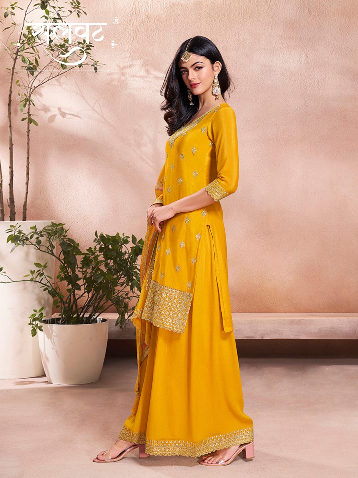 Yellow Butti Floral pattern Sequins Embroidered Sharara Suit Set