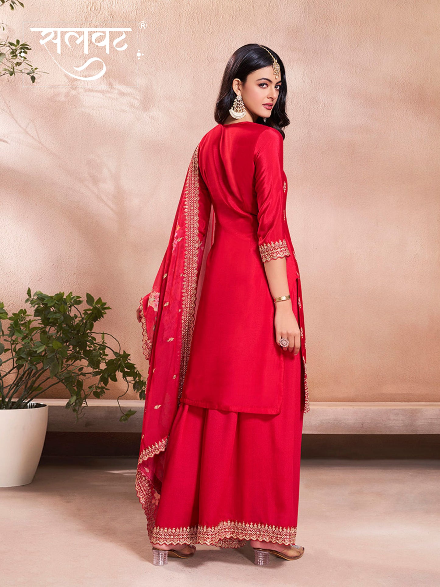 Red Butti Floral pattern Sequins Embroidered Sharara Suit Set