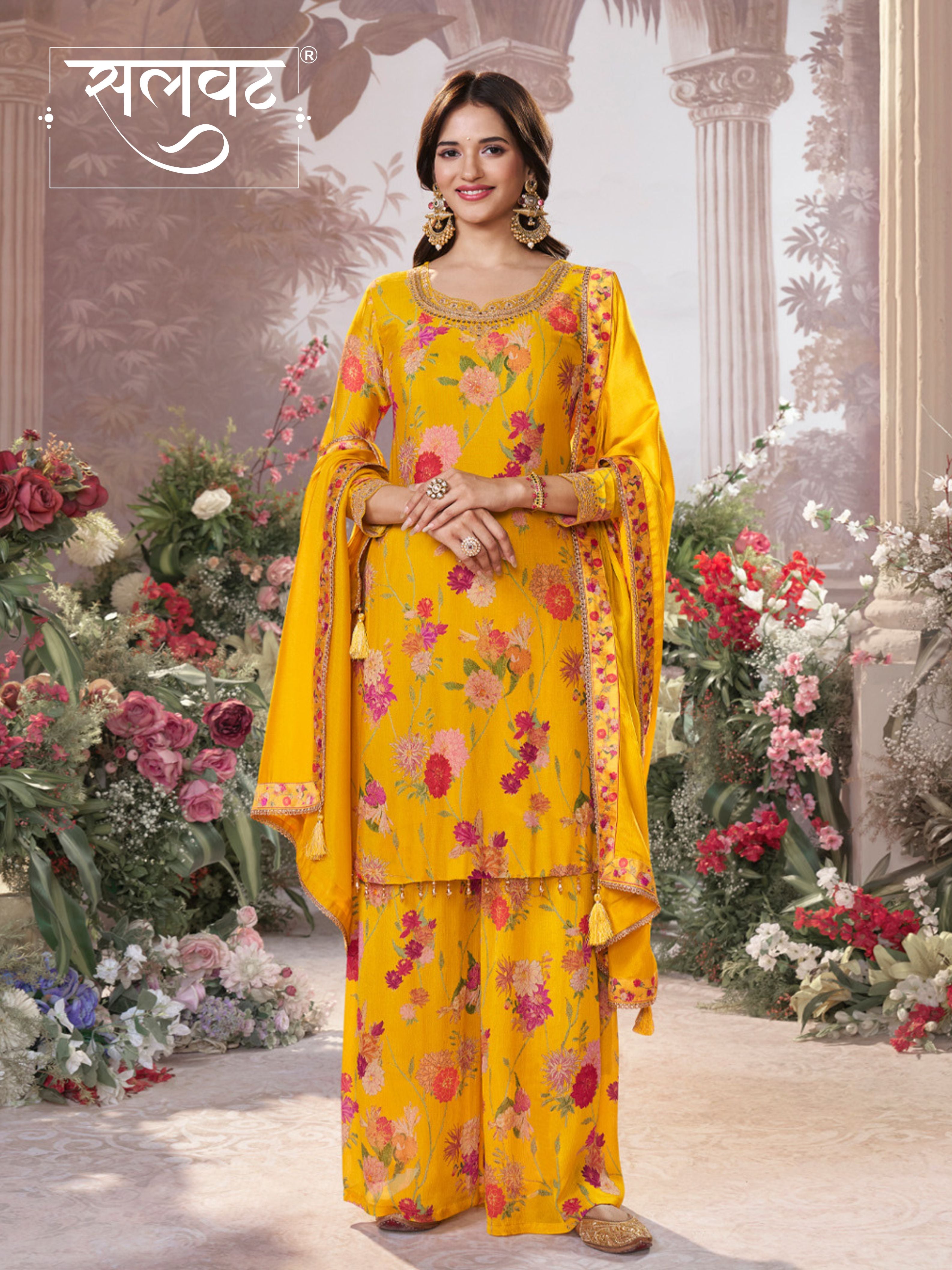 Yellow Chinon Sharara Set with Floral Print and Embroidery