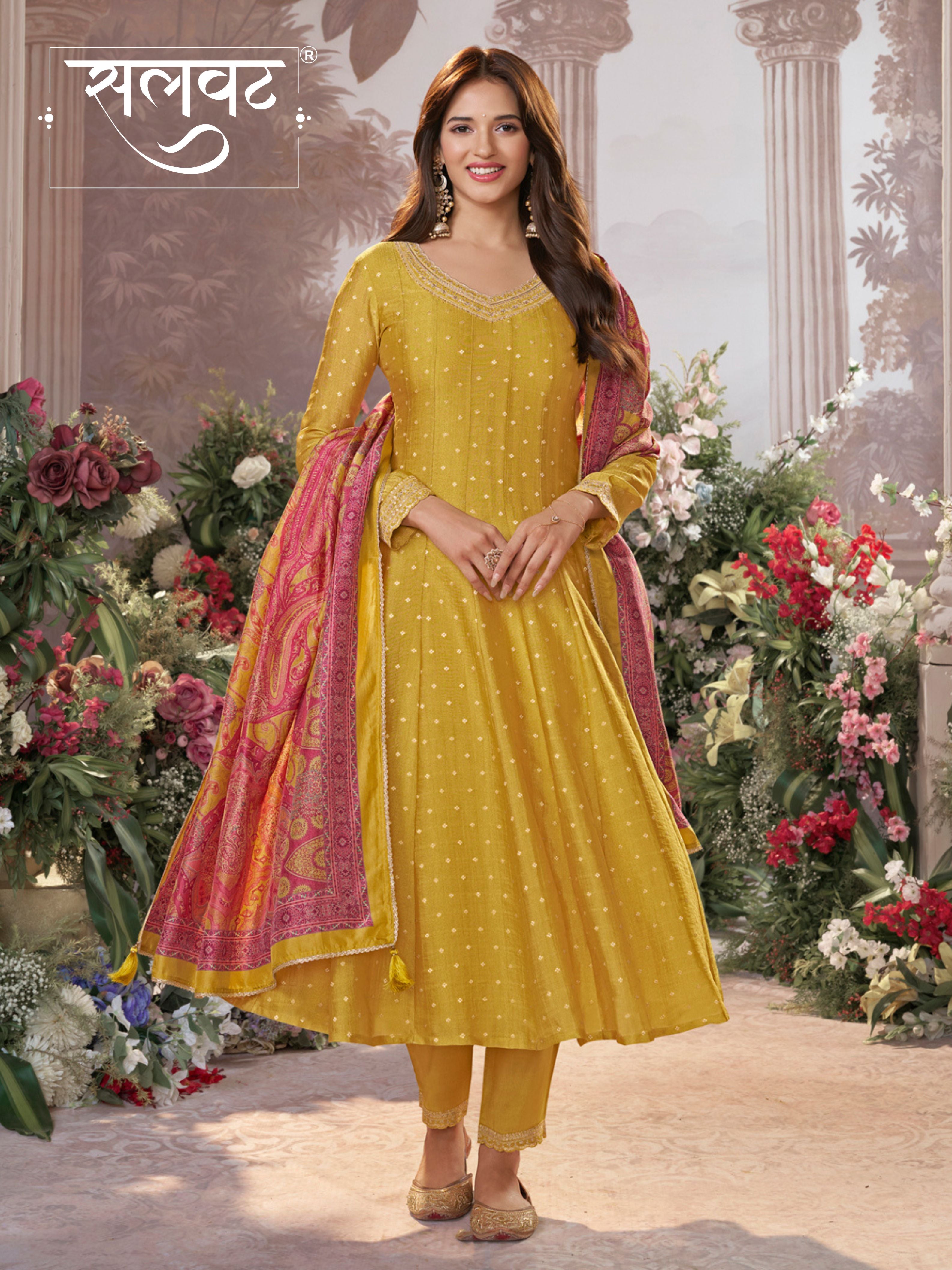 Mustard Tissue Silk Embroidered Anarkali Suit Set with Contrast Digital Print Russian Silk Dupatta