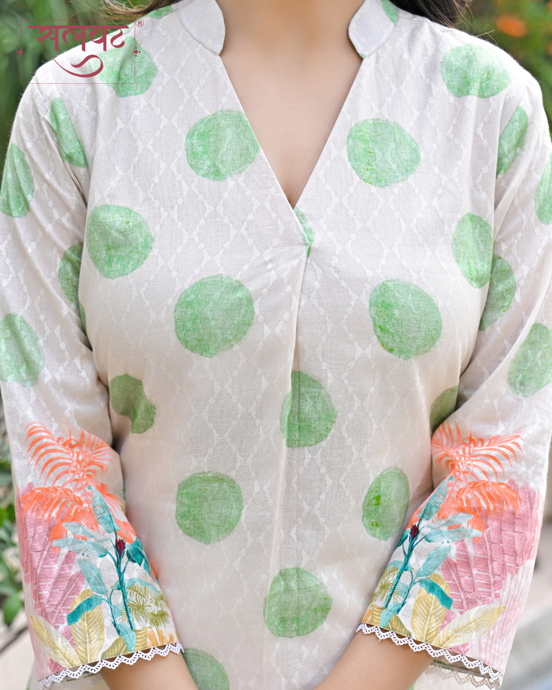 Green Polka & Abstract Flowers Printed Beige Kurta Set