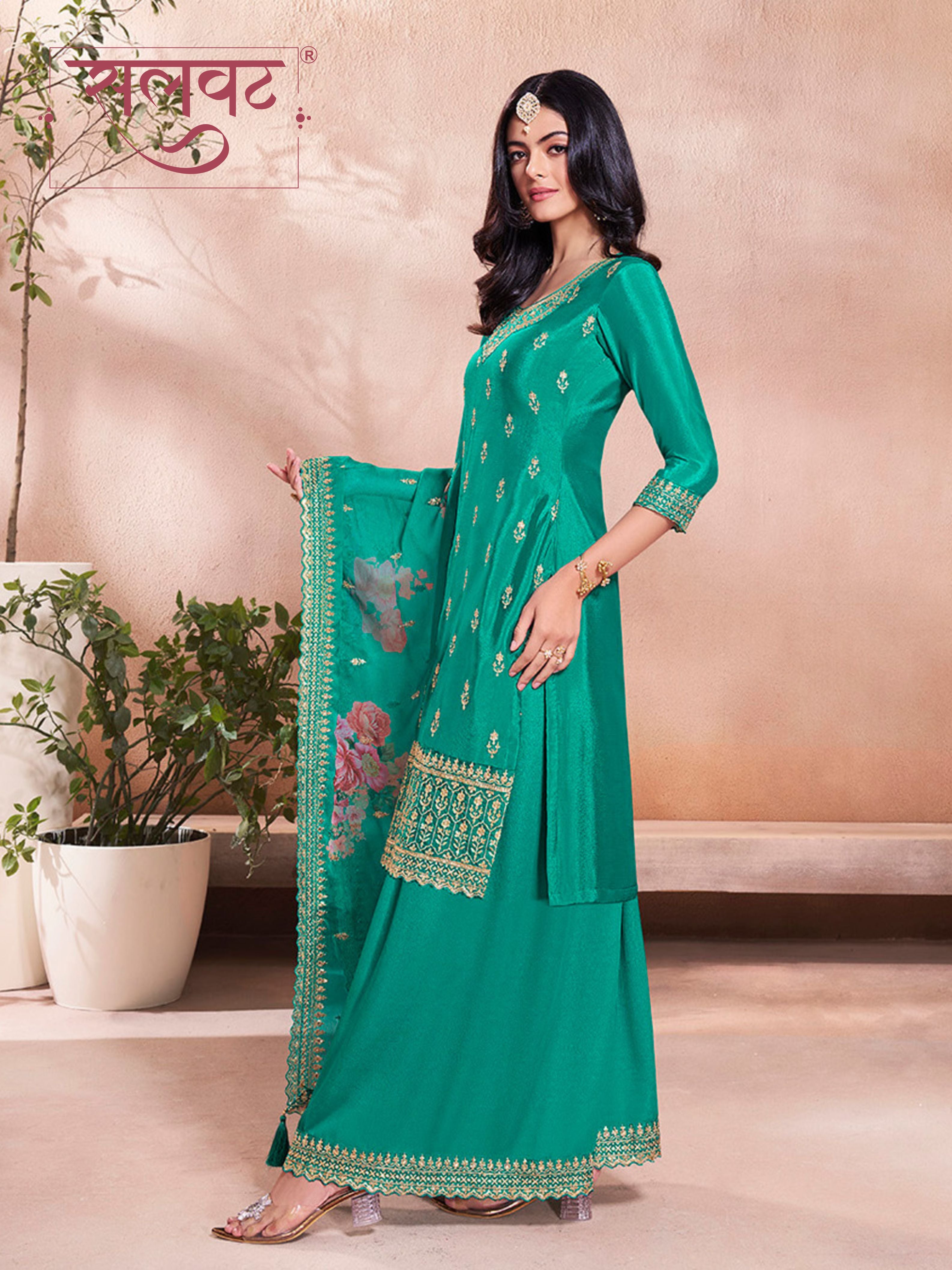 Teal Green Butti Floral pattern Sequins Embroidered Sharara Suit Set