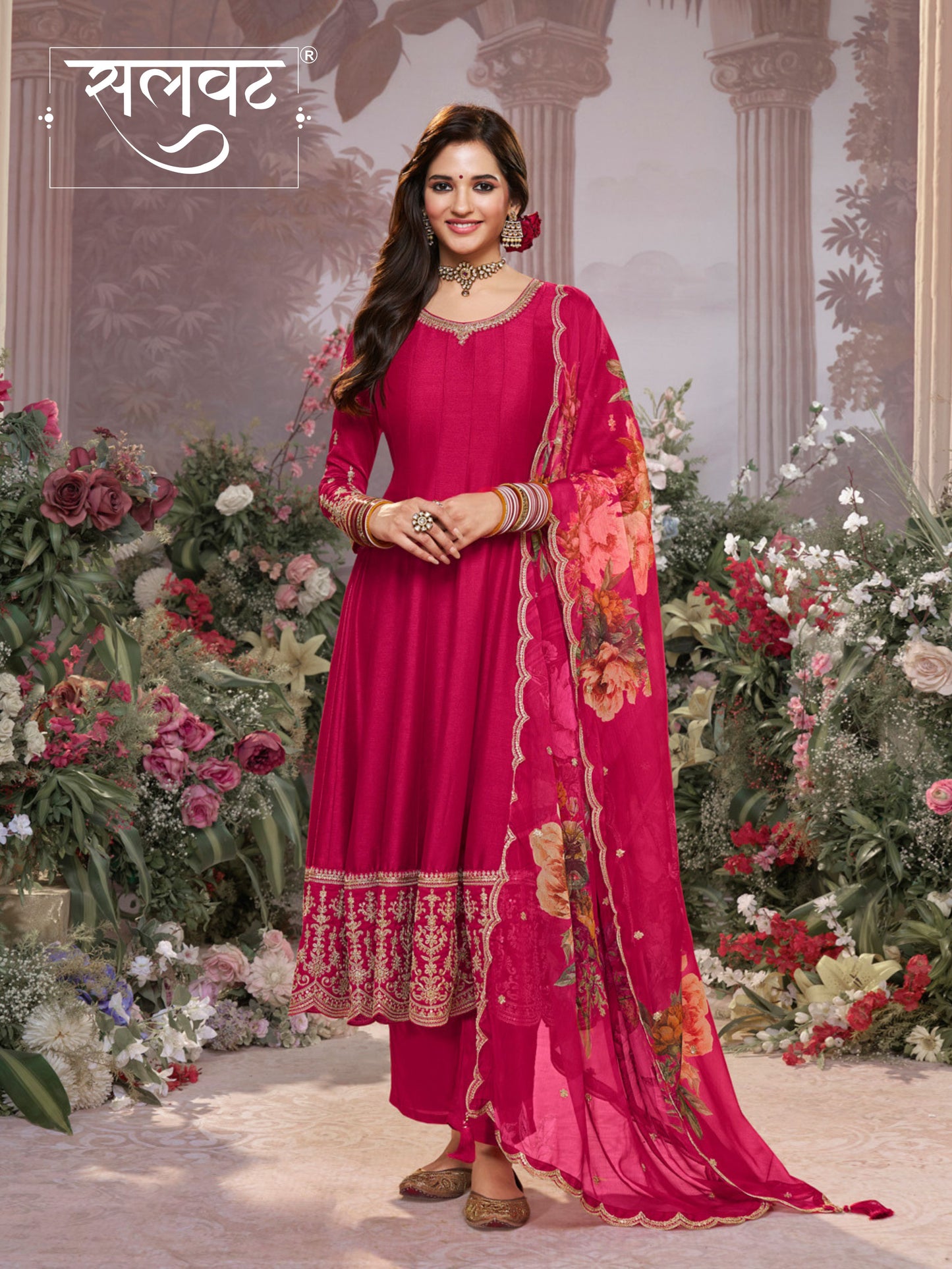 Pink Vichitra Silk Embroidered Anarkali Set with Digital Printed Chiffon Dupatta