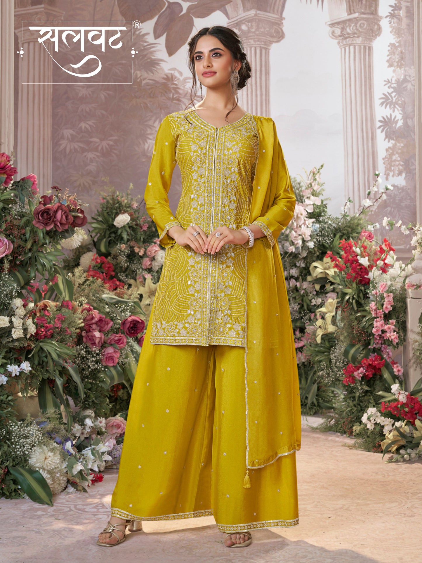 Yellow Chinon Embroidered Sharara Suit with Butti Work and Sequins Scalloped Border Dupatta