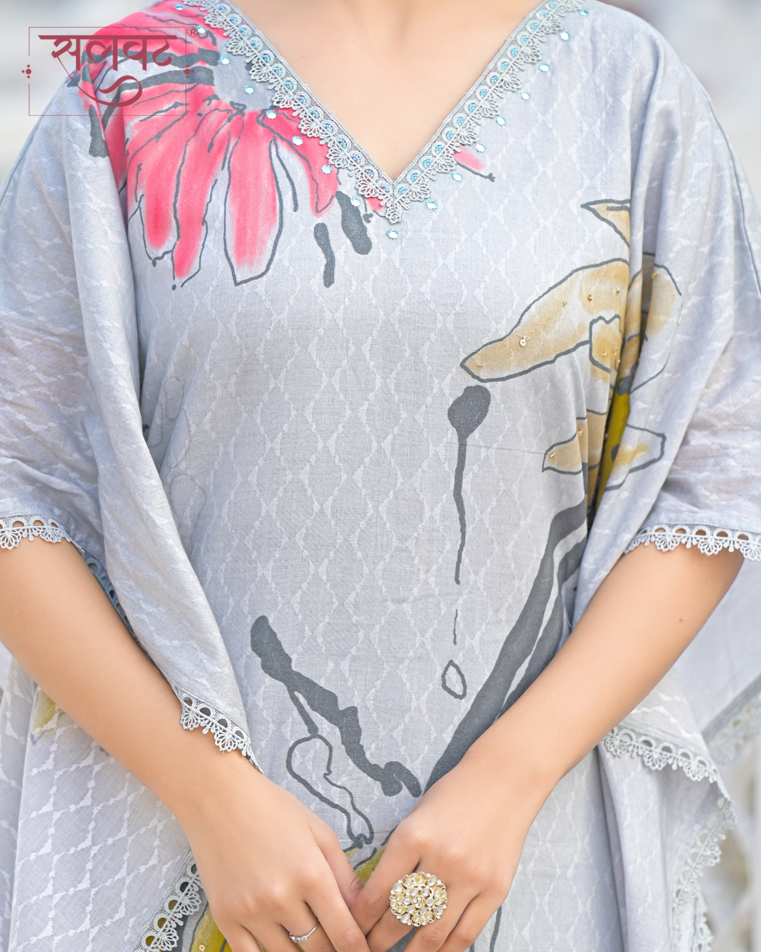 Slate Grey Abstract Printed Handwork Kaftan Set