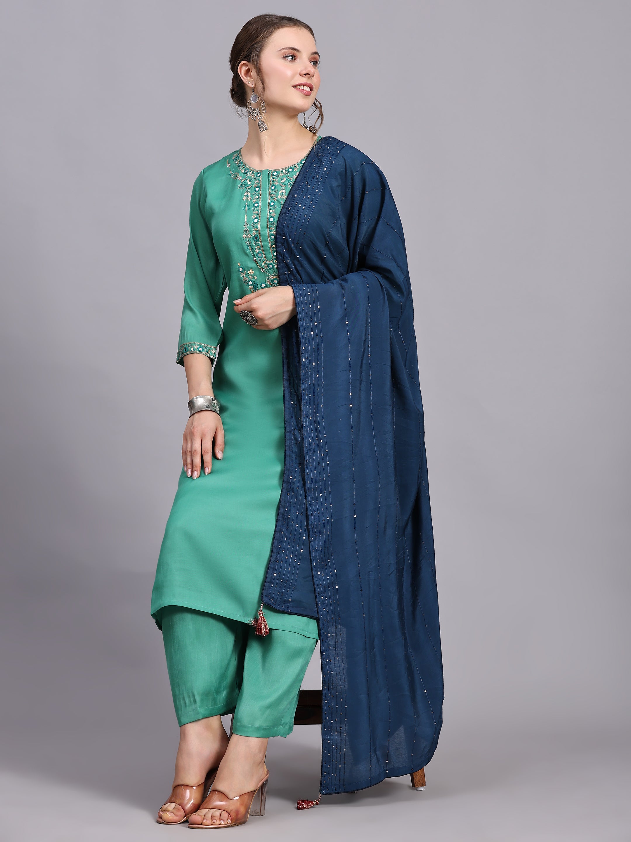 Green Embroidery Viscose Kurta Sets