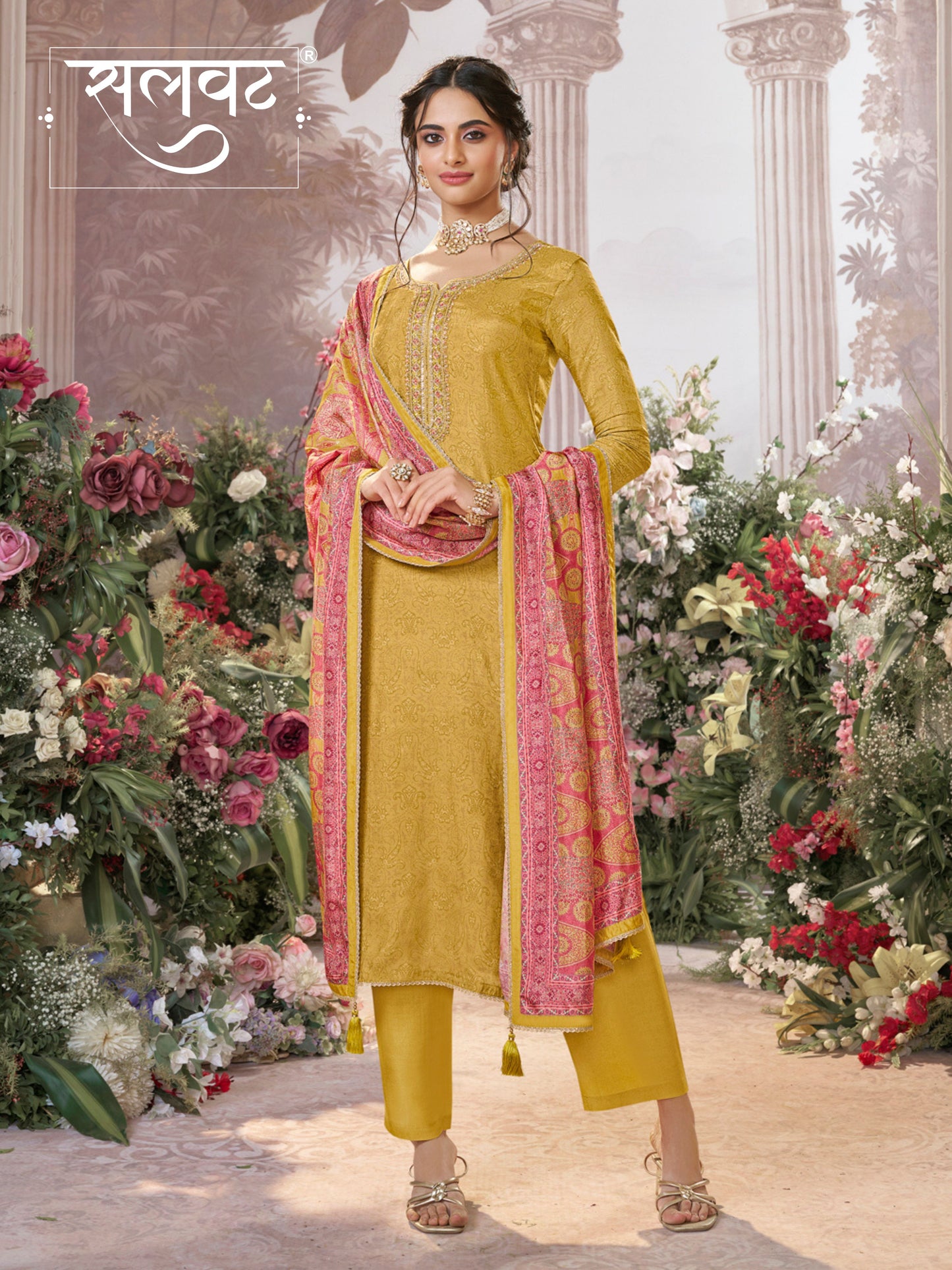 Yellow Russian Silk Kurta With Digital Print Work Paired With Russian Milk Digital Print Contrast Dupatta