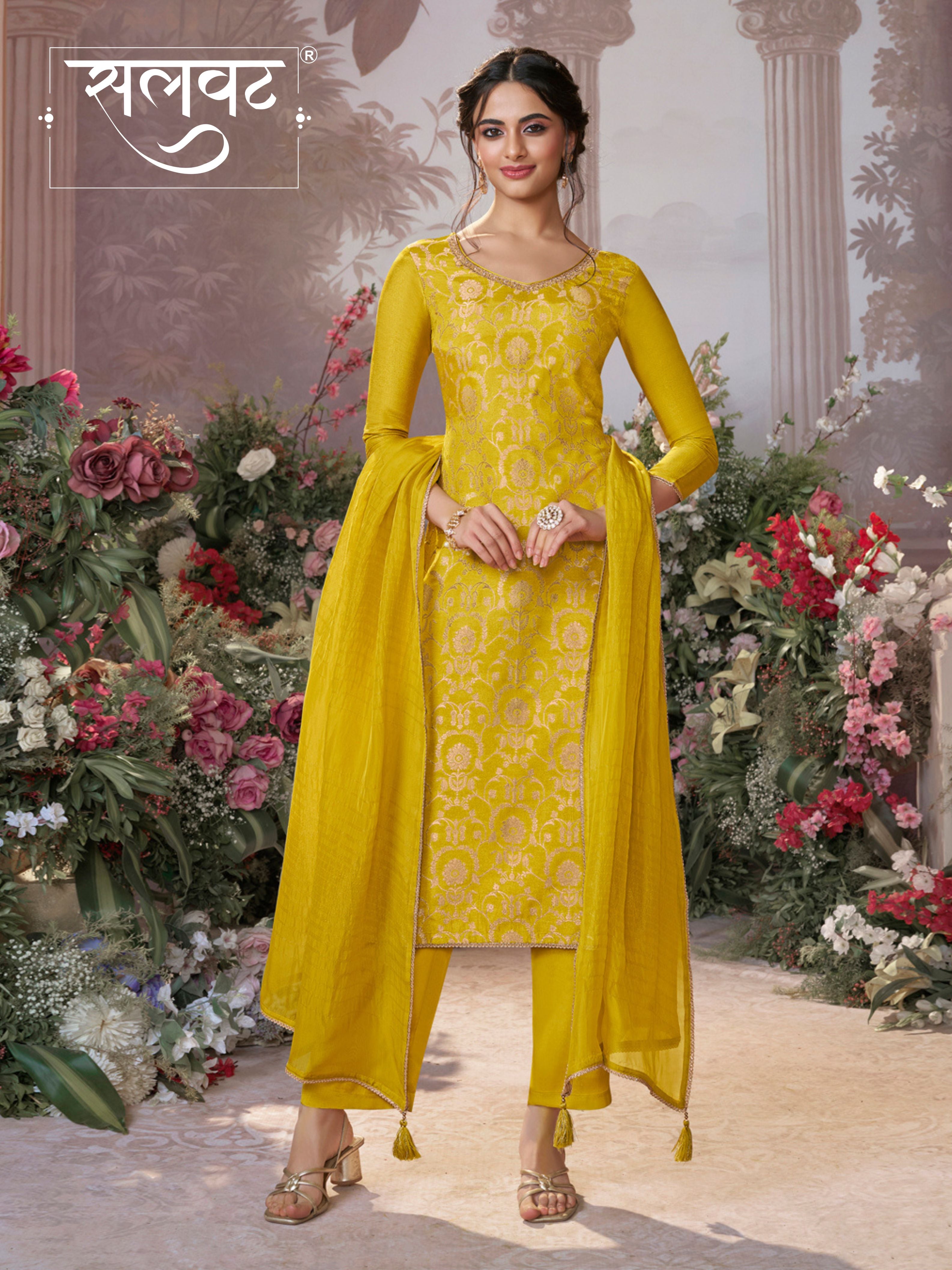 Yellow Chinon Kurta Set with Jacquard and Zari Work, Paired with an Organza Dupatta