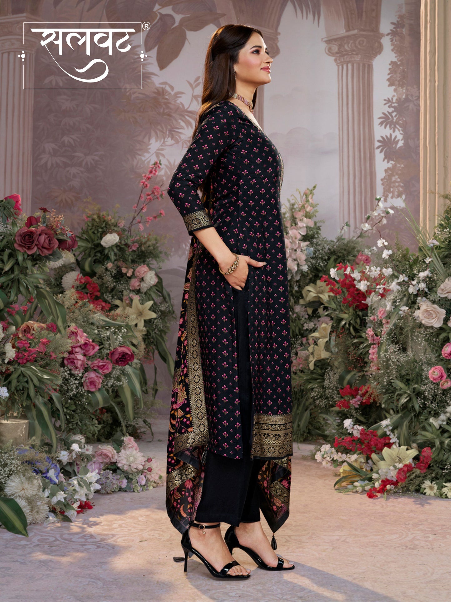 Black Russian Silk Kurta Set with Digital Print Work Paired with Russian Silk Digital Printed Duppatta