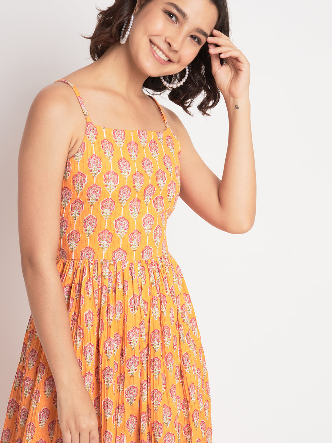 Orange Cotton Printed Long Dress