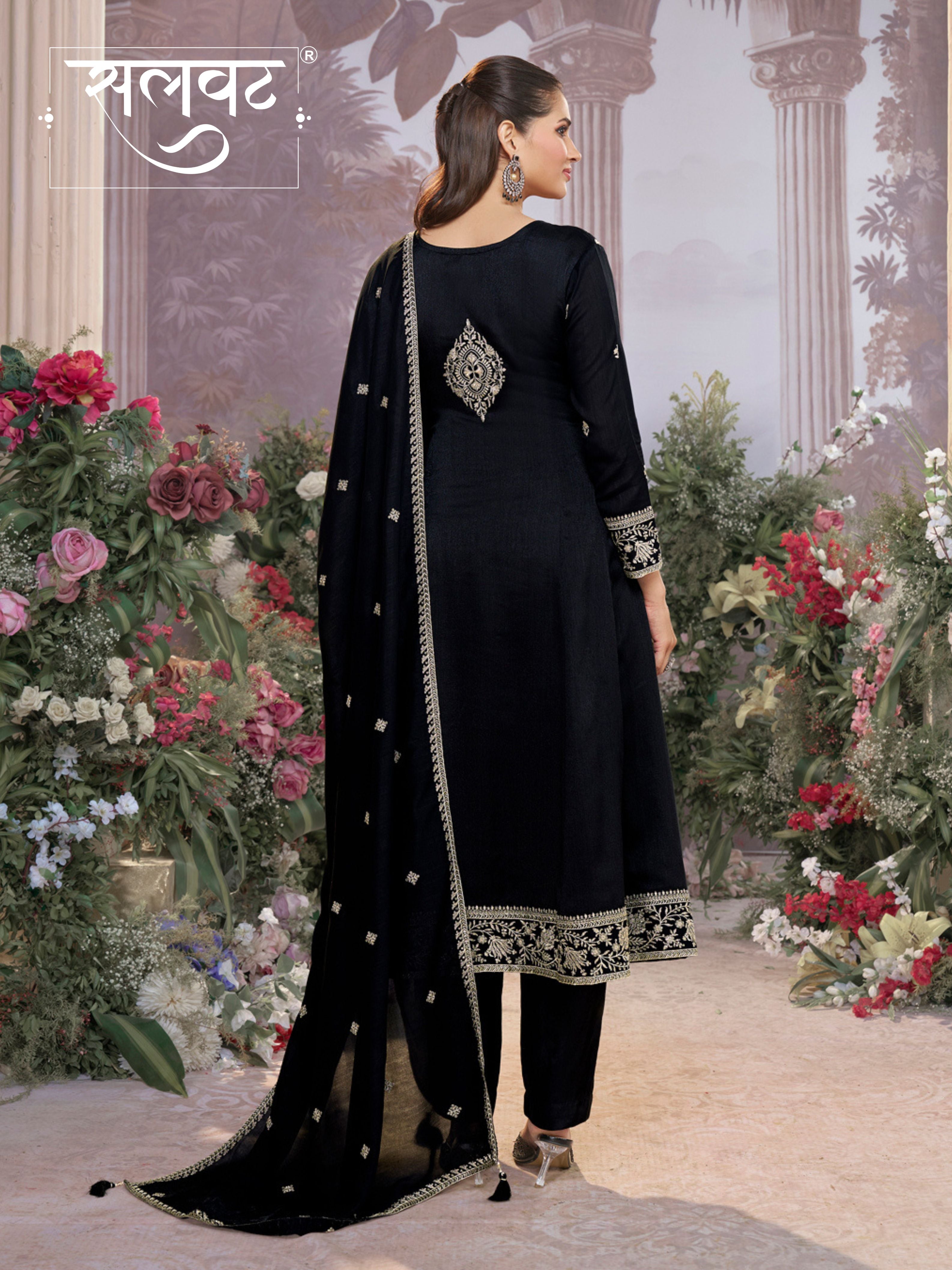 Black Vichitra Silk Kurta Suit Set with Embroidered Work Paired with Vichitra Silk Dupatta with Embroidered Work