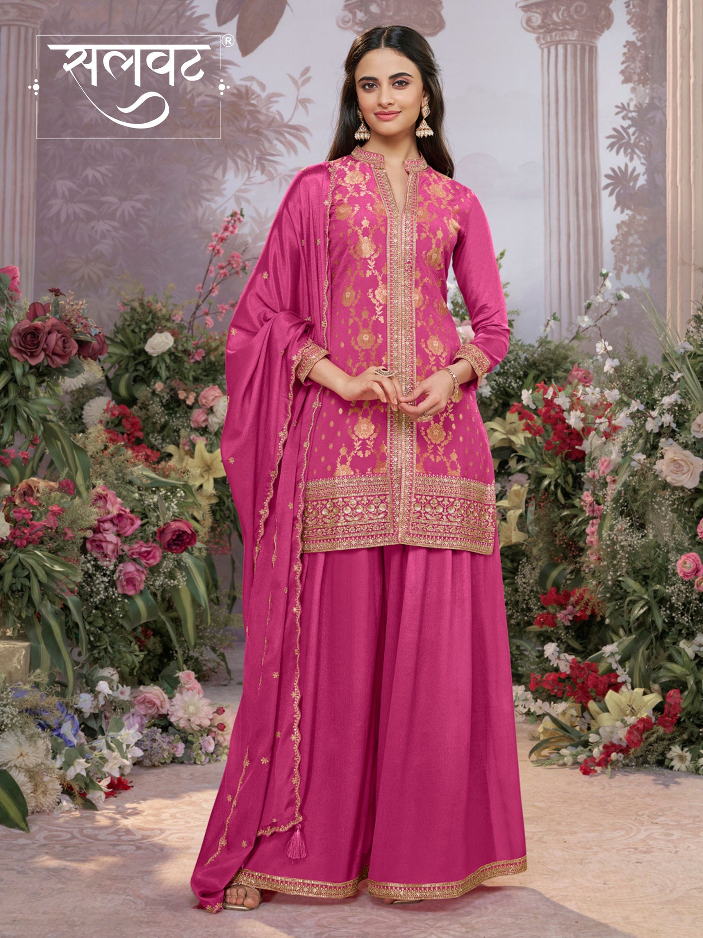 Pink Chinon Kurta Set with Heavy Jacquard Work Paired with Chinon Dupatta with Embroidered Work.