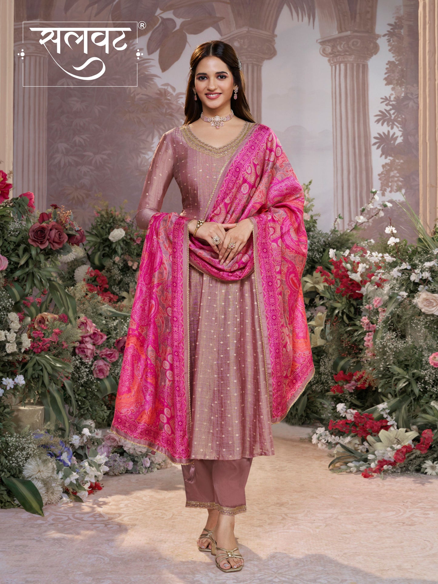 Dusty Rose Tissue Silk Embroidered Anarkali Suit Set with Contrast Digital Print Russian Silk Dupatta