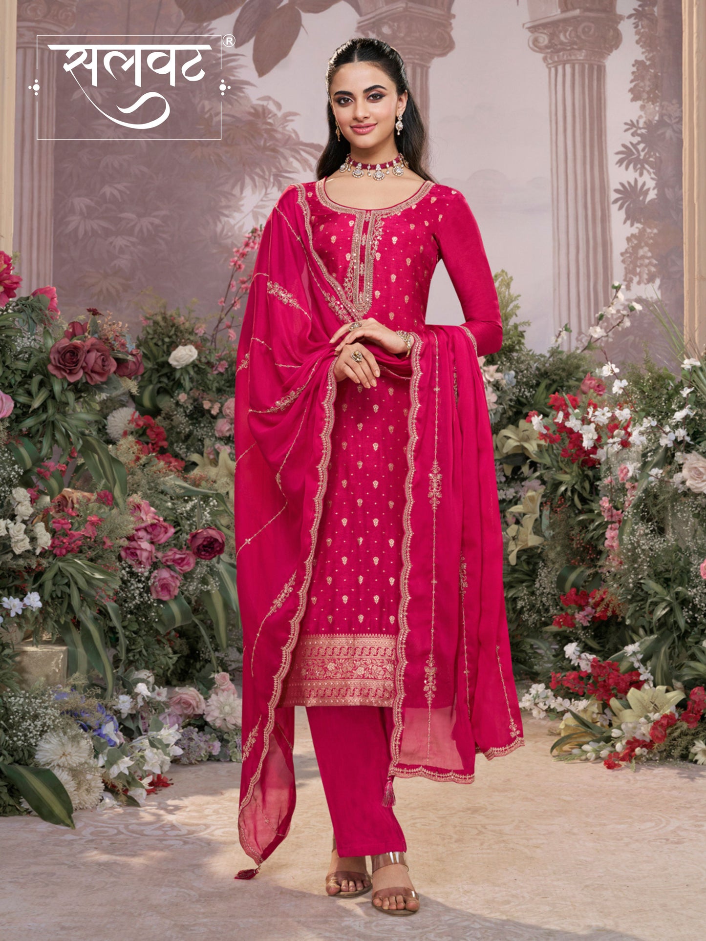Pink Dola Silk Fabric Kurta with Embroidered & Jacquard Work Paired with Rangoli Fabric Dupatta with Patterned Sequins Work.