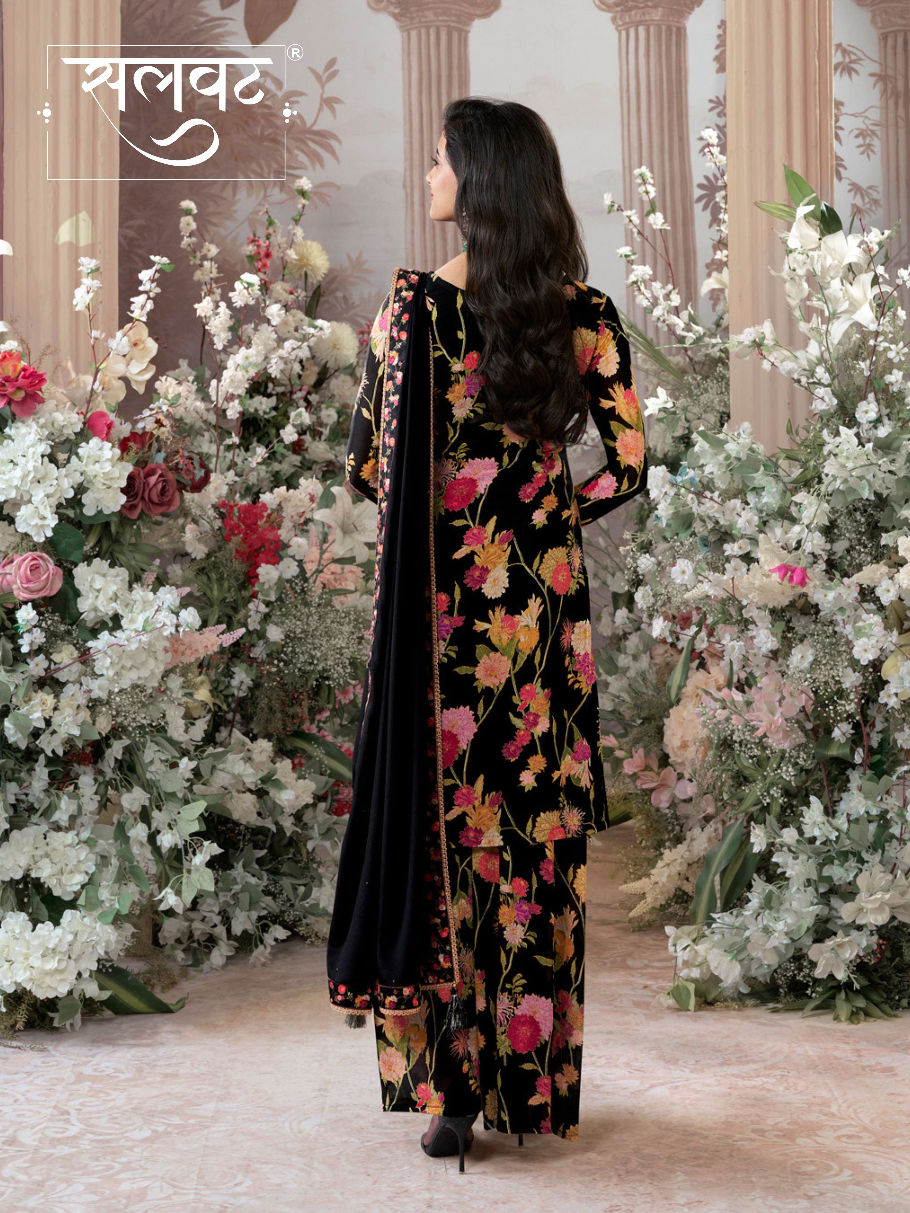 Black Chinon Sharara Set with Floral Print and Embroidery