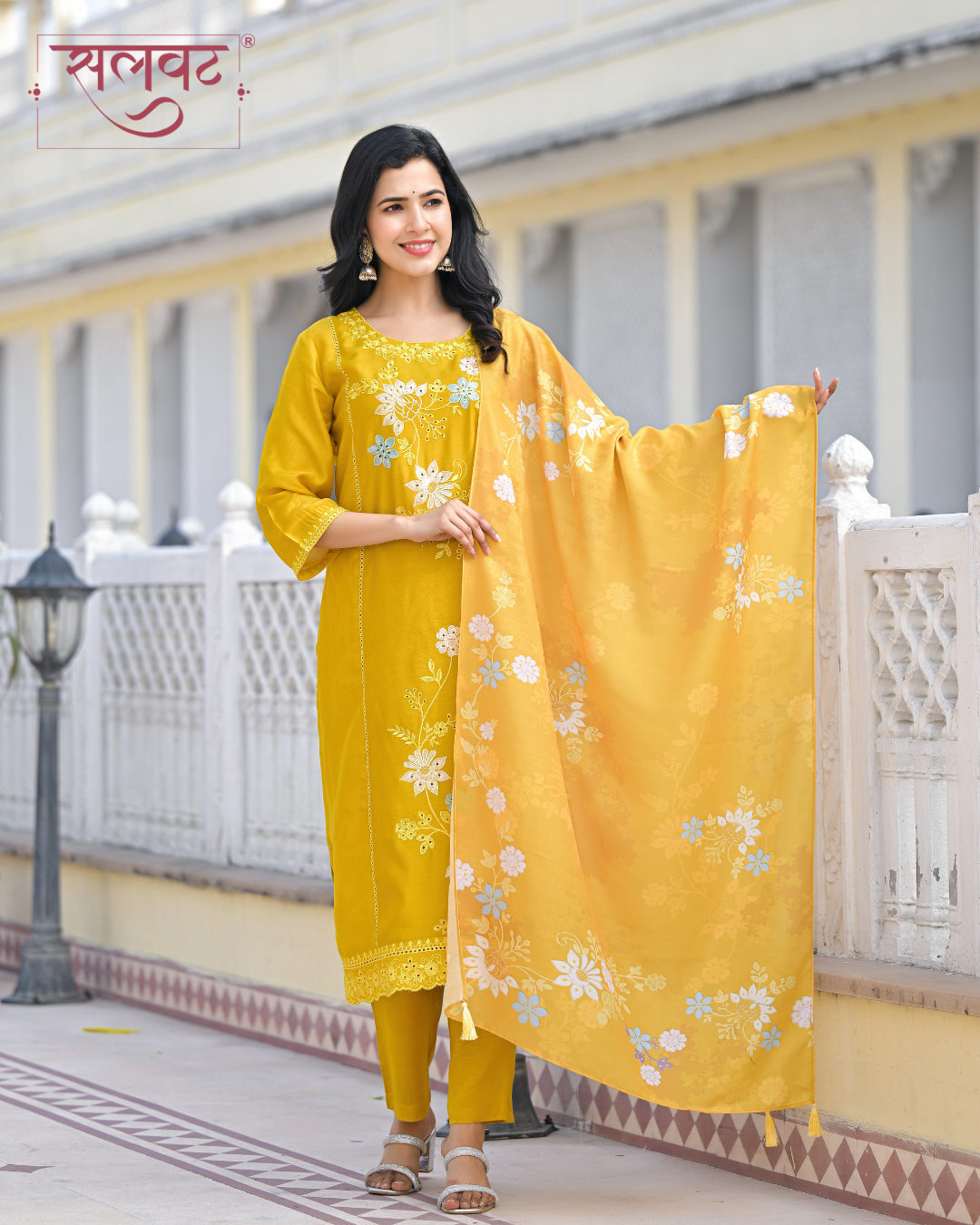 Amber Mustard Embroidered Kurta Set With Printed Dupatta