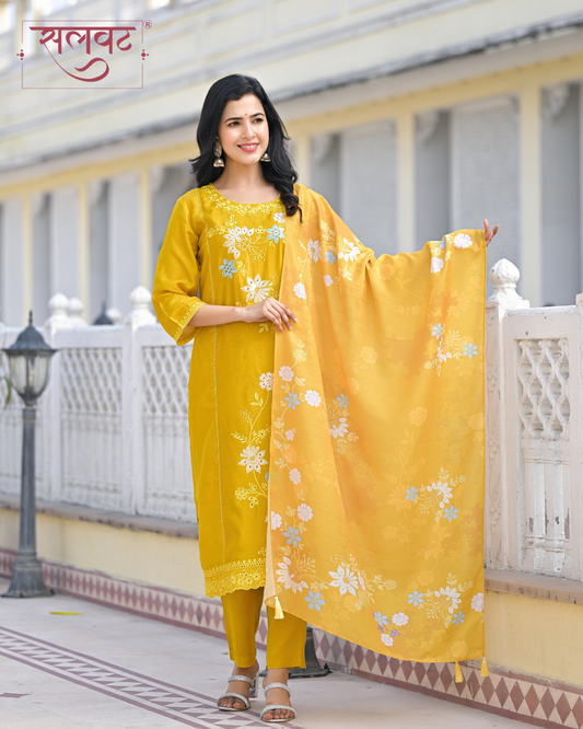 Amber Mustard Embroidered Kurta Set With Printed Dupatta