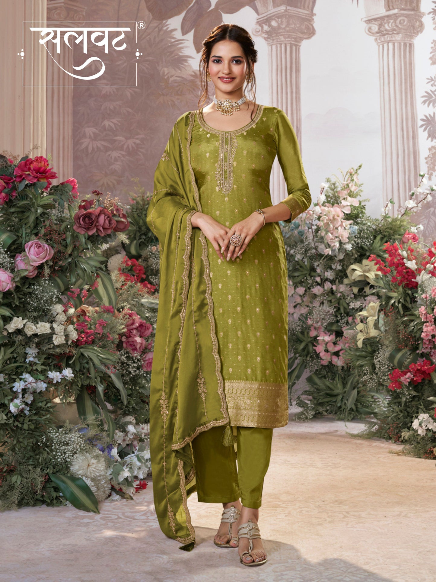Olive Dola Silk Fabric Kurta with Embroidered & Jacquard Work Paired with Rangoli Fabric Dupatta with Patterned Sequins Work.