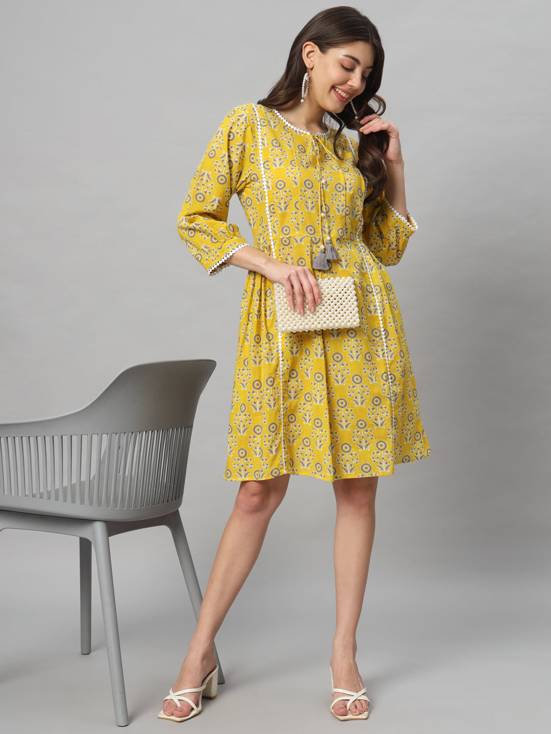 Yellow Cotton Printed Cotton Short Dress