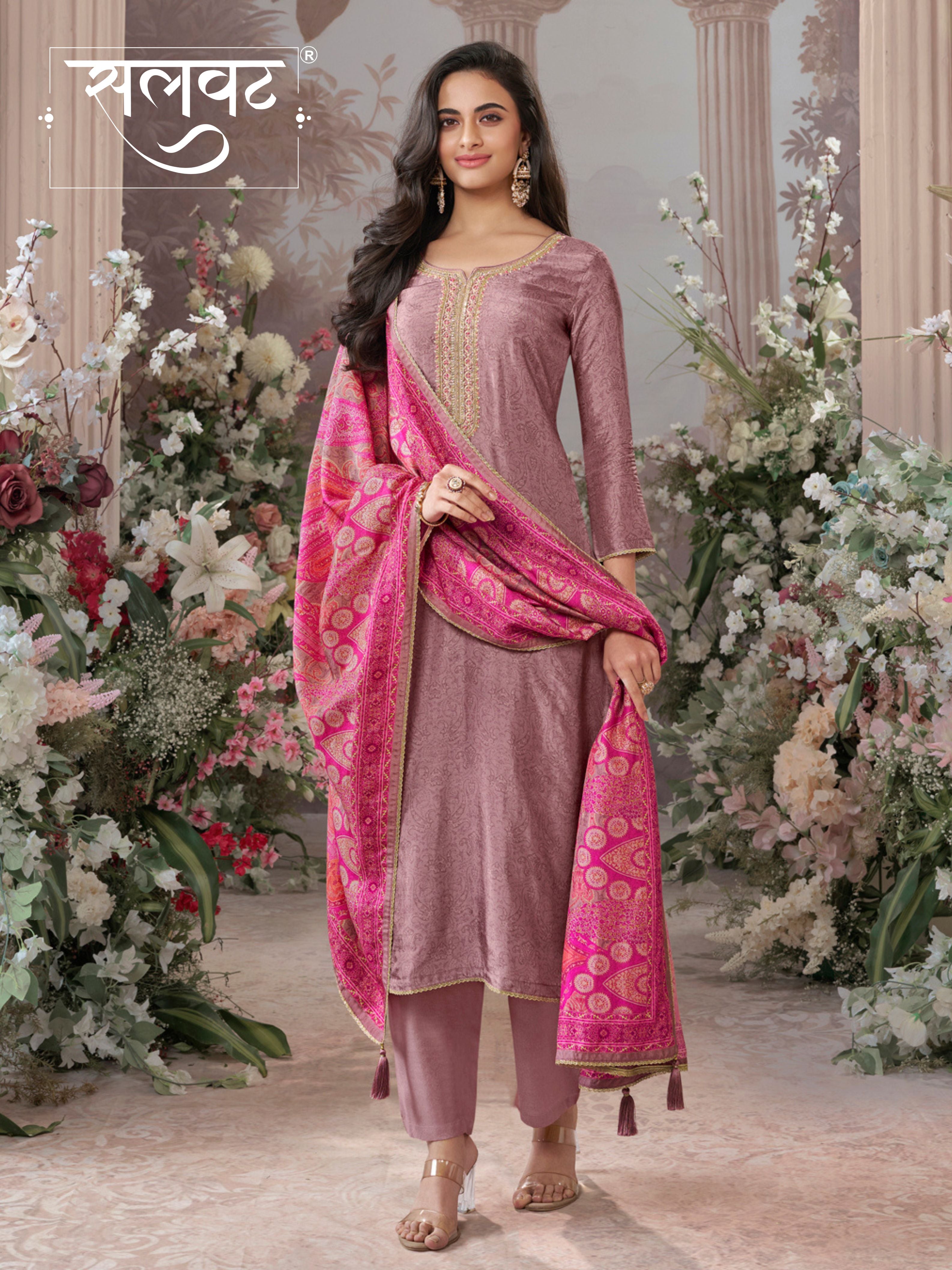 Dusty Rose Russian Silk Kurta With Digital Print Work Paired With Russian Milk Digital Print Contrast Dupatta