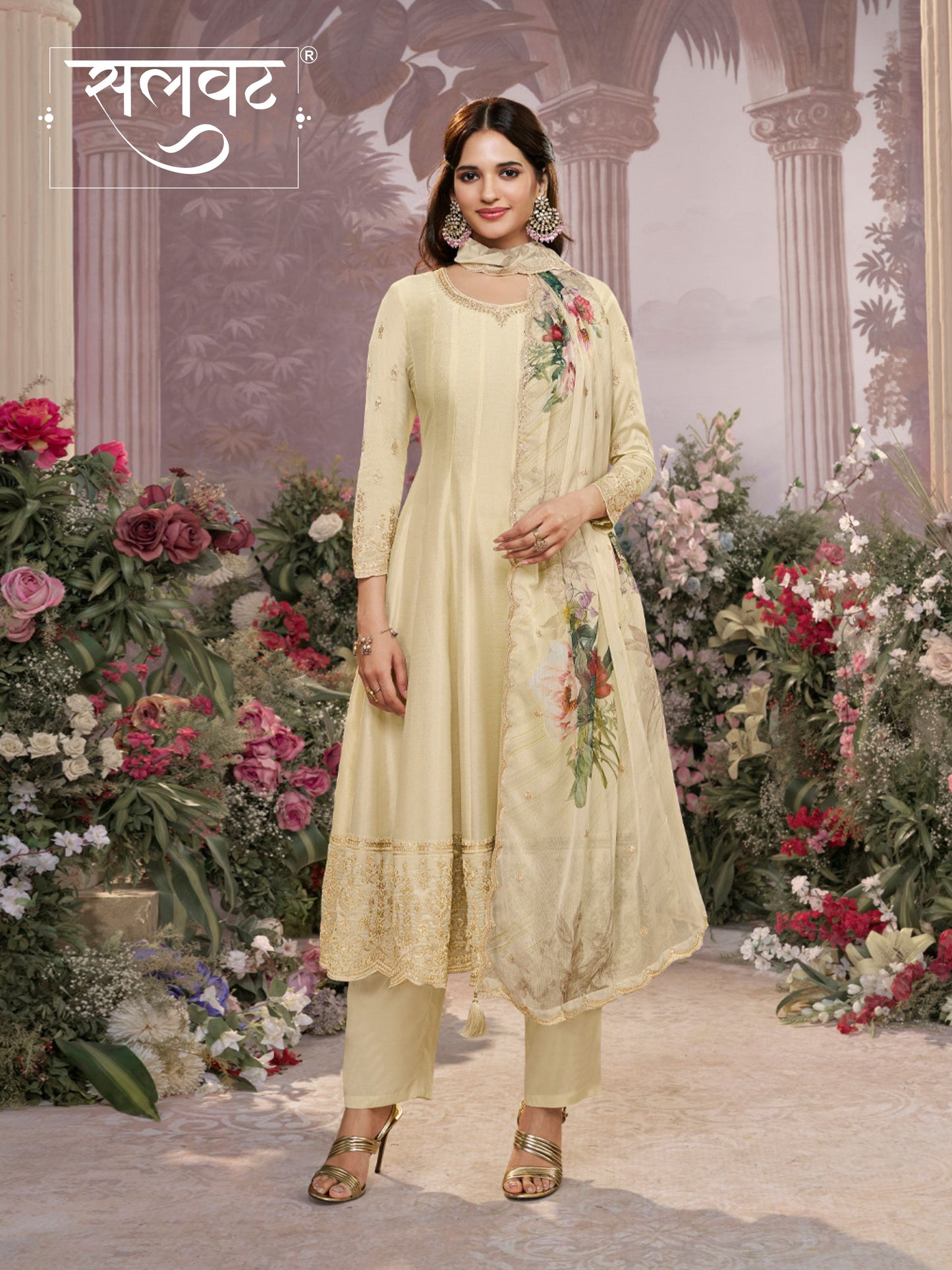 Off-White Vichitra Silk Embroidered Anarkali Set with Digital Printed Chiffon Dupatta