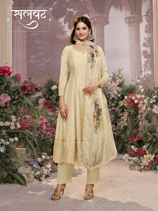 Off-White Vichitra Silk Embroidered Anarkali Set with Digital Printed Chiffon Dupatta