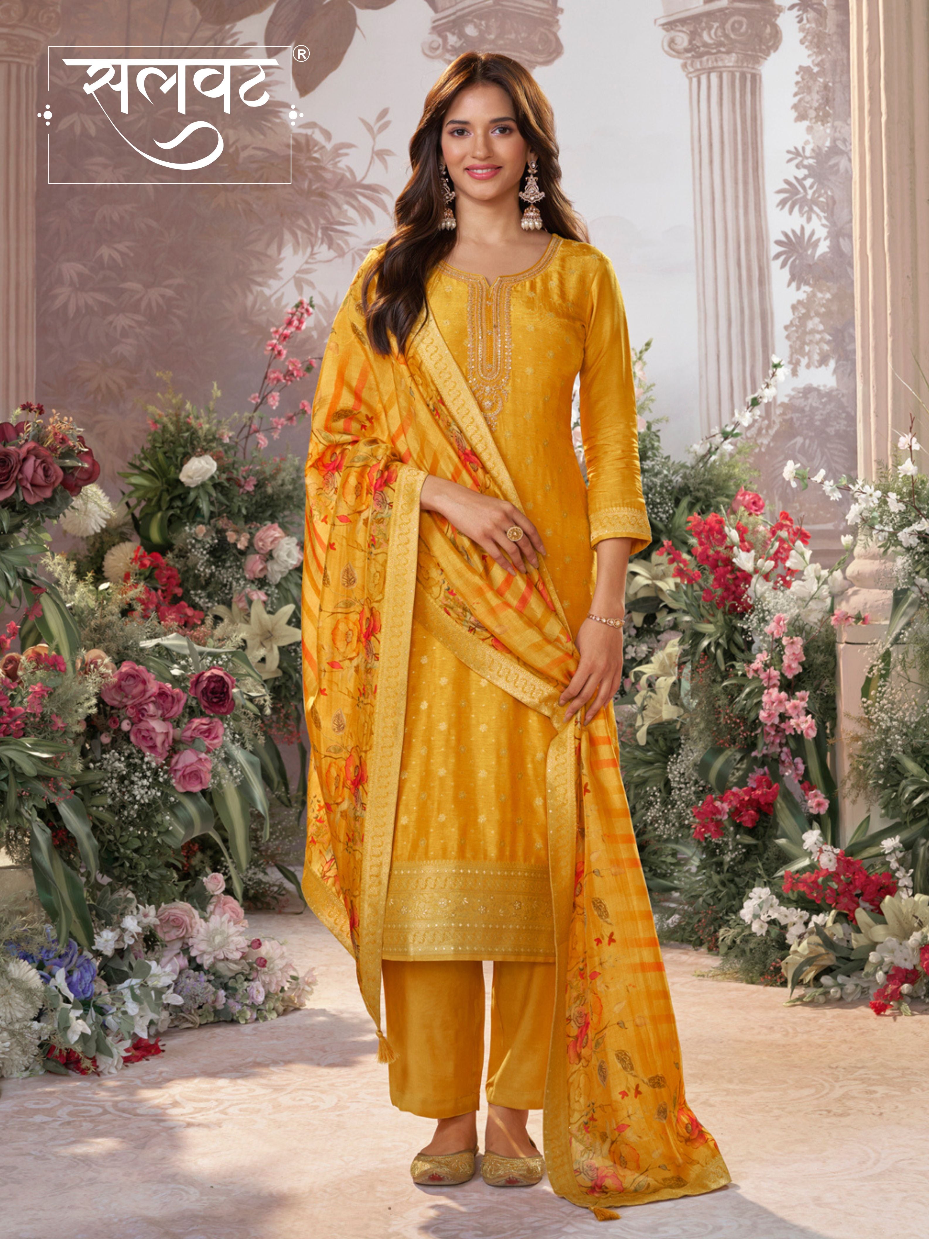 Yellow Dola Silk Kurta Set with Jacquard Detailing and Intricate Embroidery, Paired with a Cherry Silk Dupatta