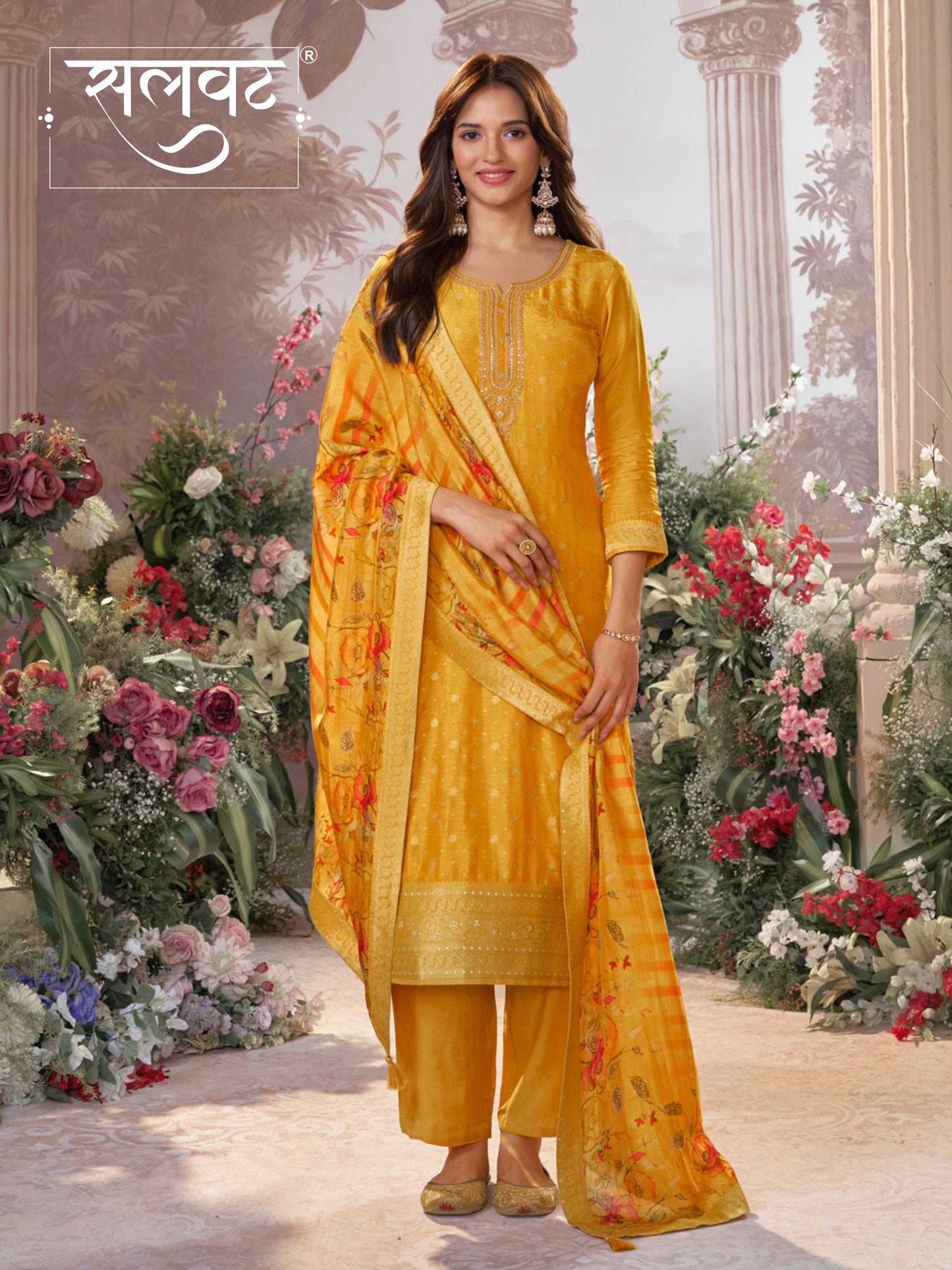 Yellow Dola Silk Kurta Set with Jacquard Detailing and Intricate Embroidery, Paired with a Cherry Silk Dupatta