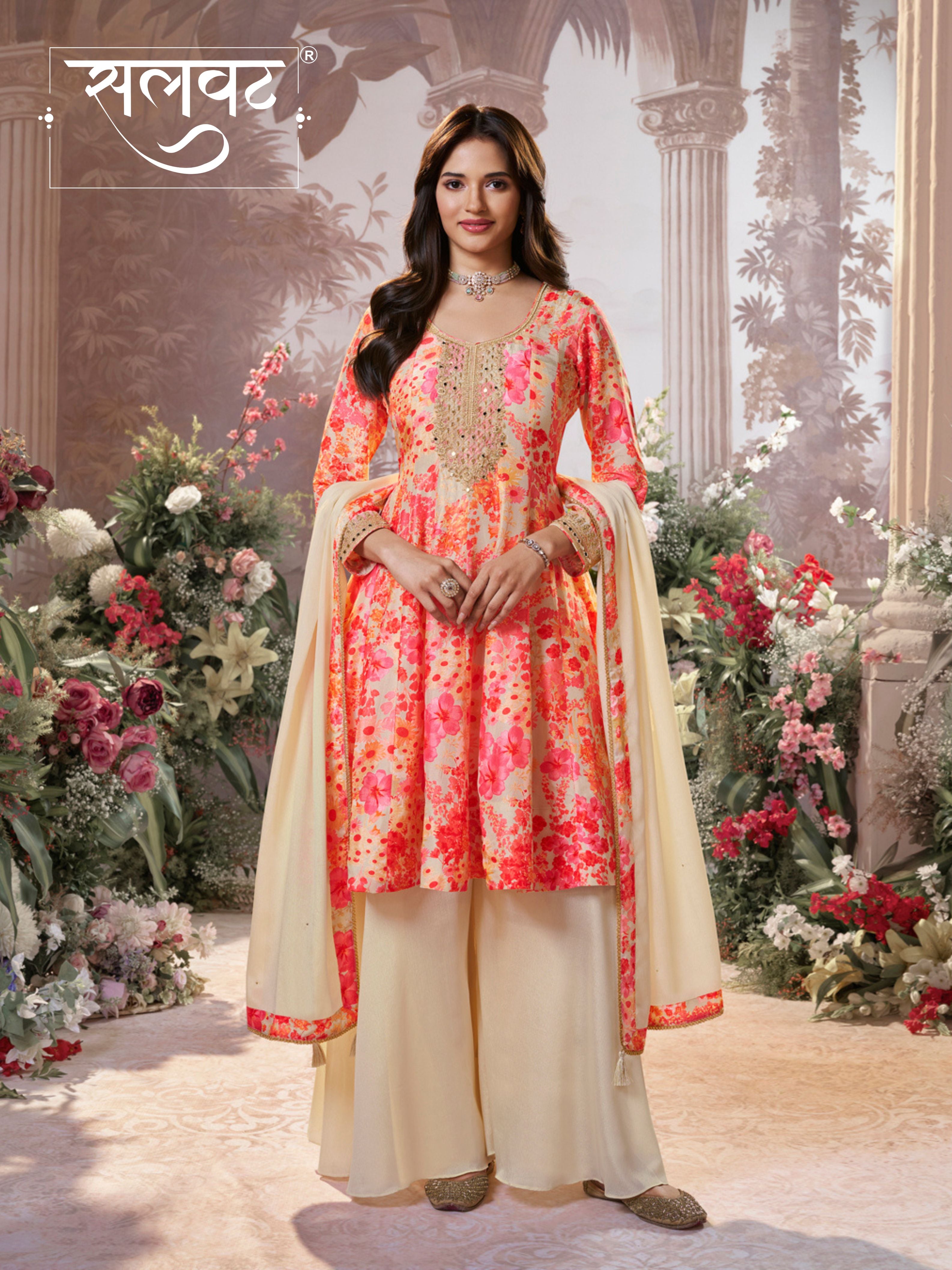 Off-White Russian Silk Mirror Work Sharara Set paired with Chinon Dupatta with Digital Printed Borders