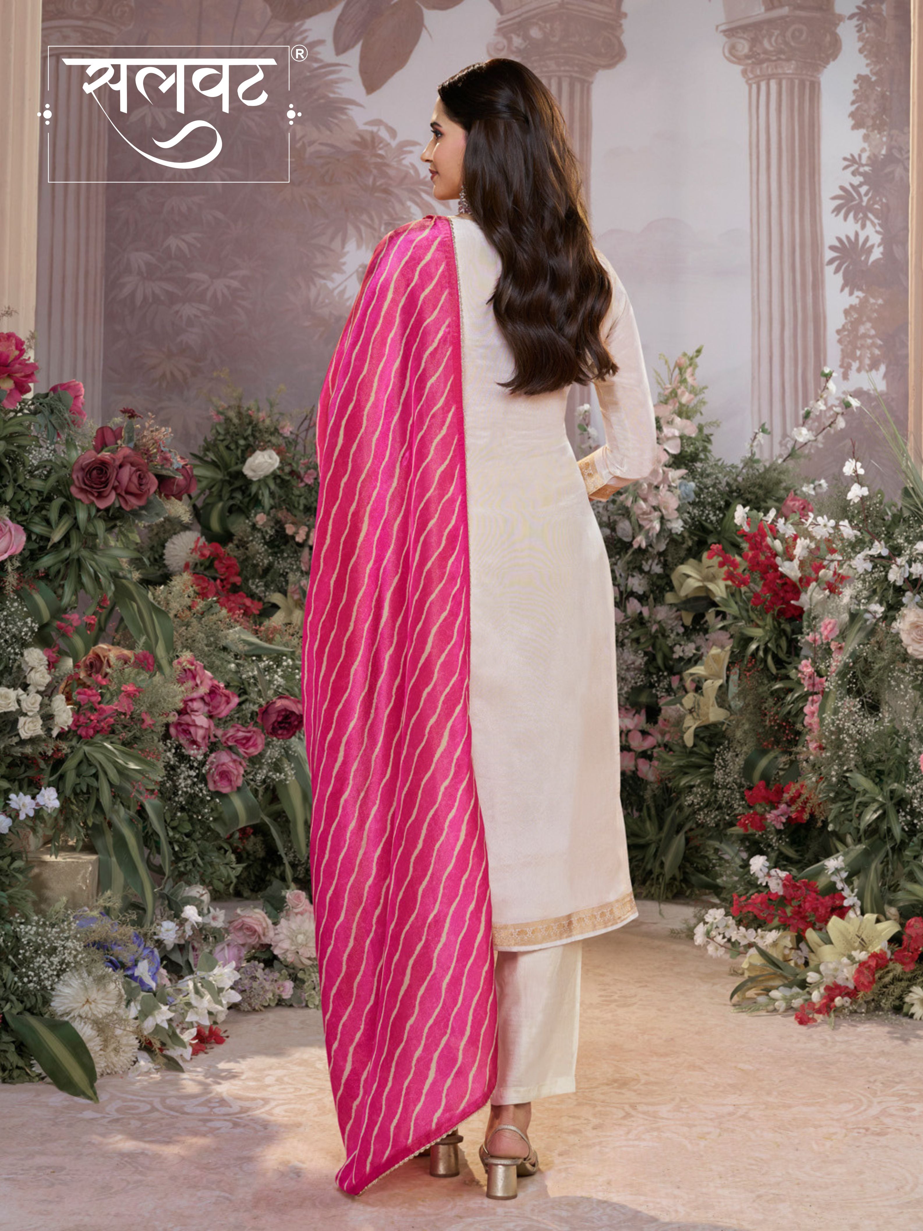 Cream Tissue Jacquard Kurta Set with Pink Contrast Digital Print Dupatta