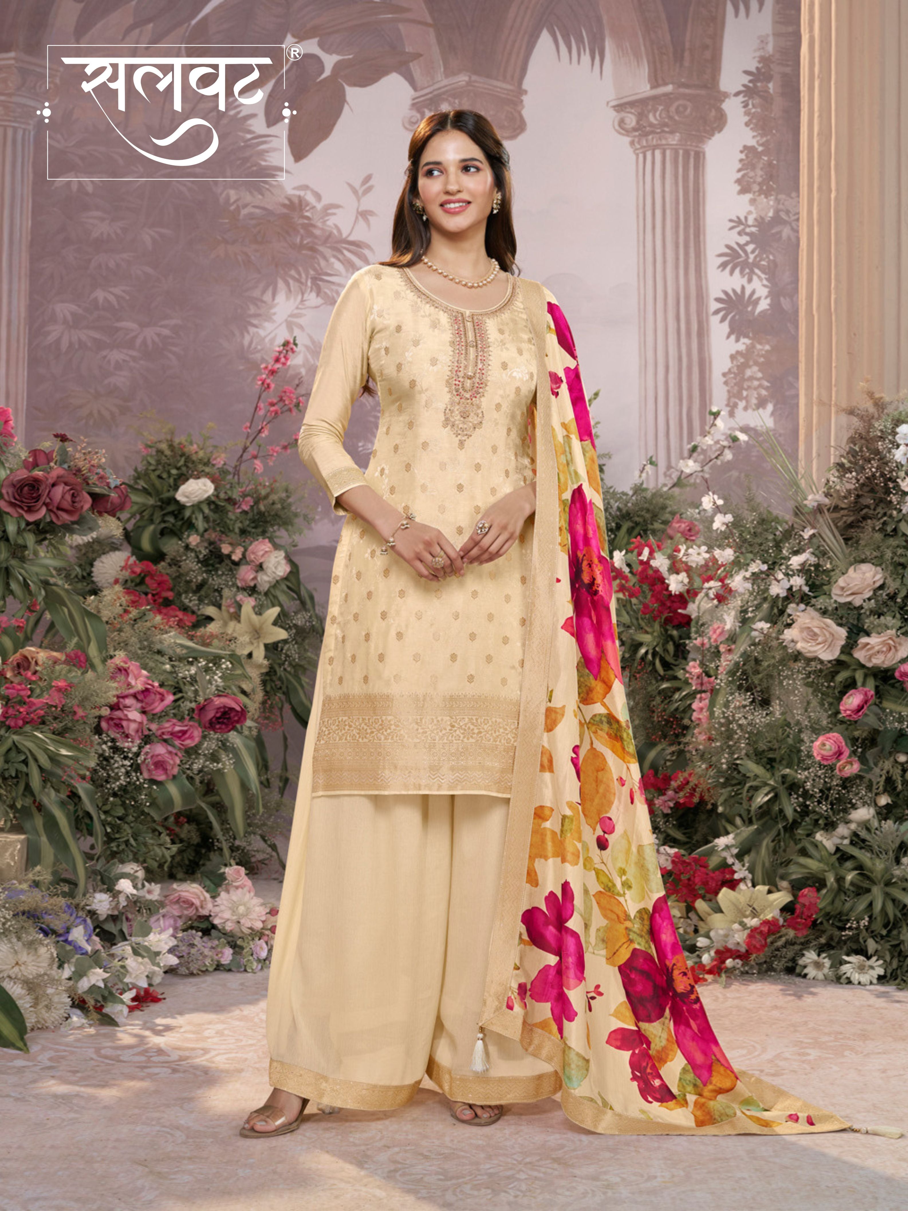 Off-White Dola Silk Jacquard & Embroidery Kurta Set with Digital Print Dola Silk Dupatta