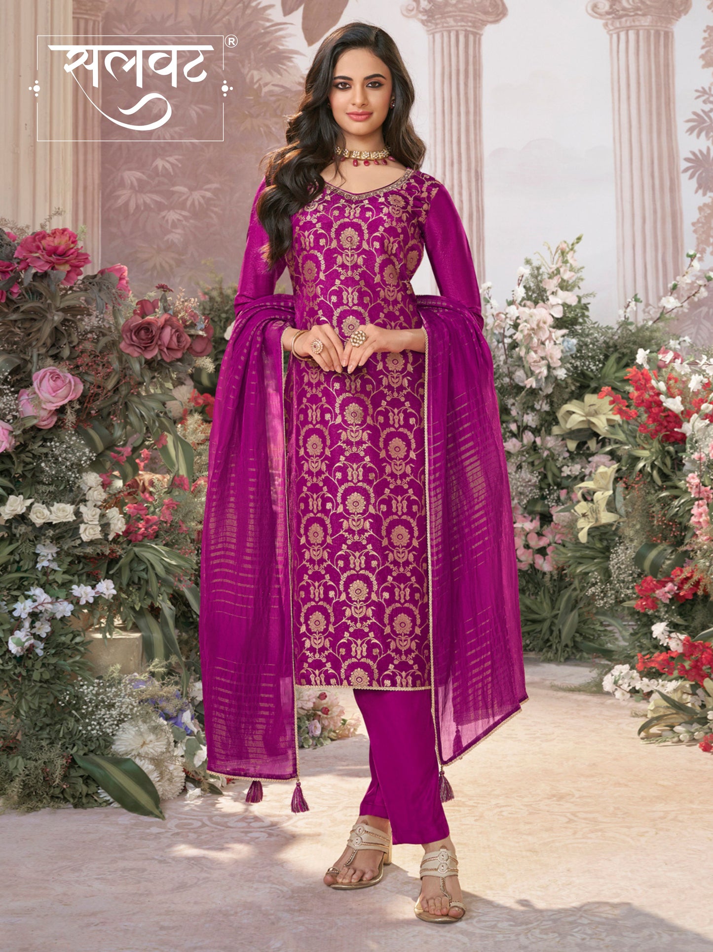 Pansy Purple Chinon Kurta Set with Jacquard and Zari Work, Paired with an Organza Dupatta