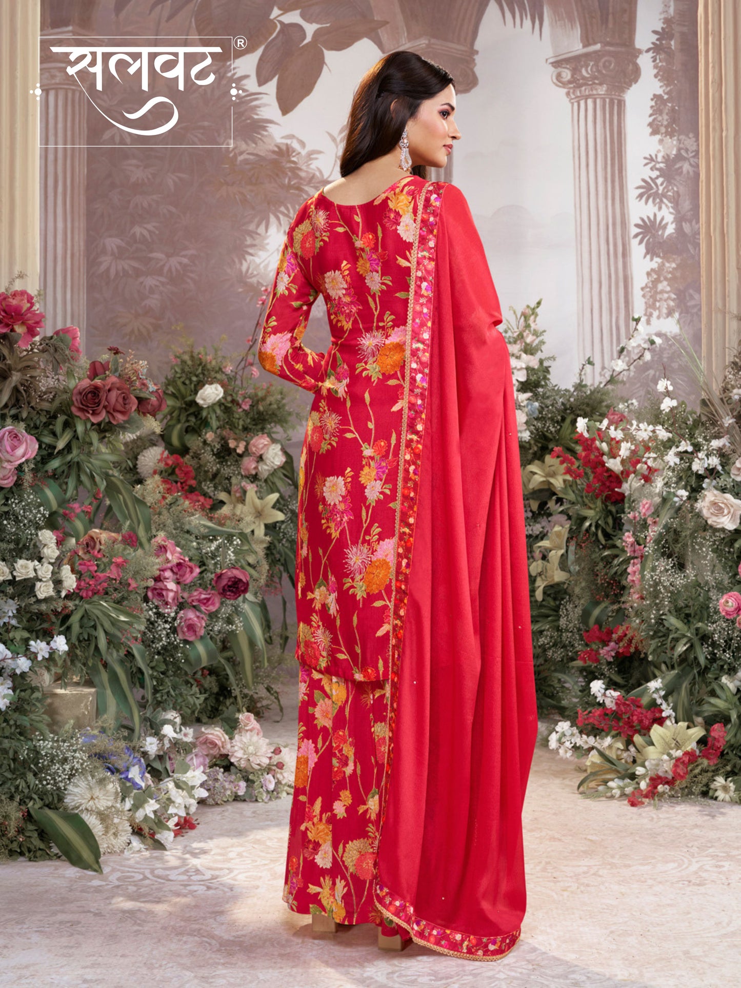 Red Chinon Sharara Set with Floral Print and Embroidery