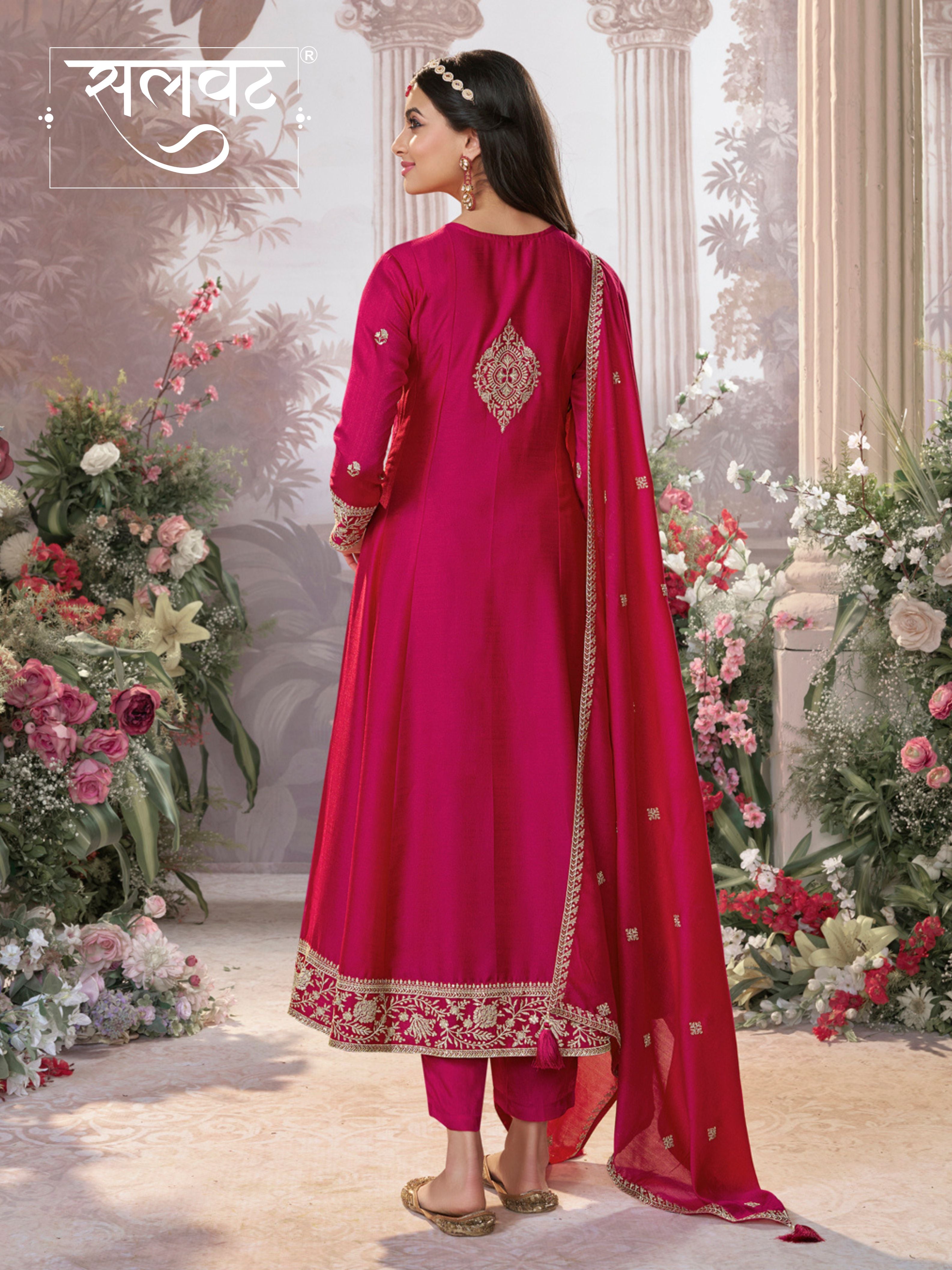 Hot Pink Vichitra Silk Kurta Suit Set with Embroidered Work Paired with Vichitra Silk Dupatta with Embroidered Work