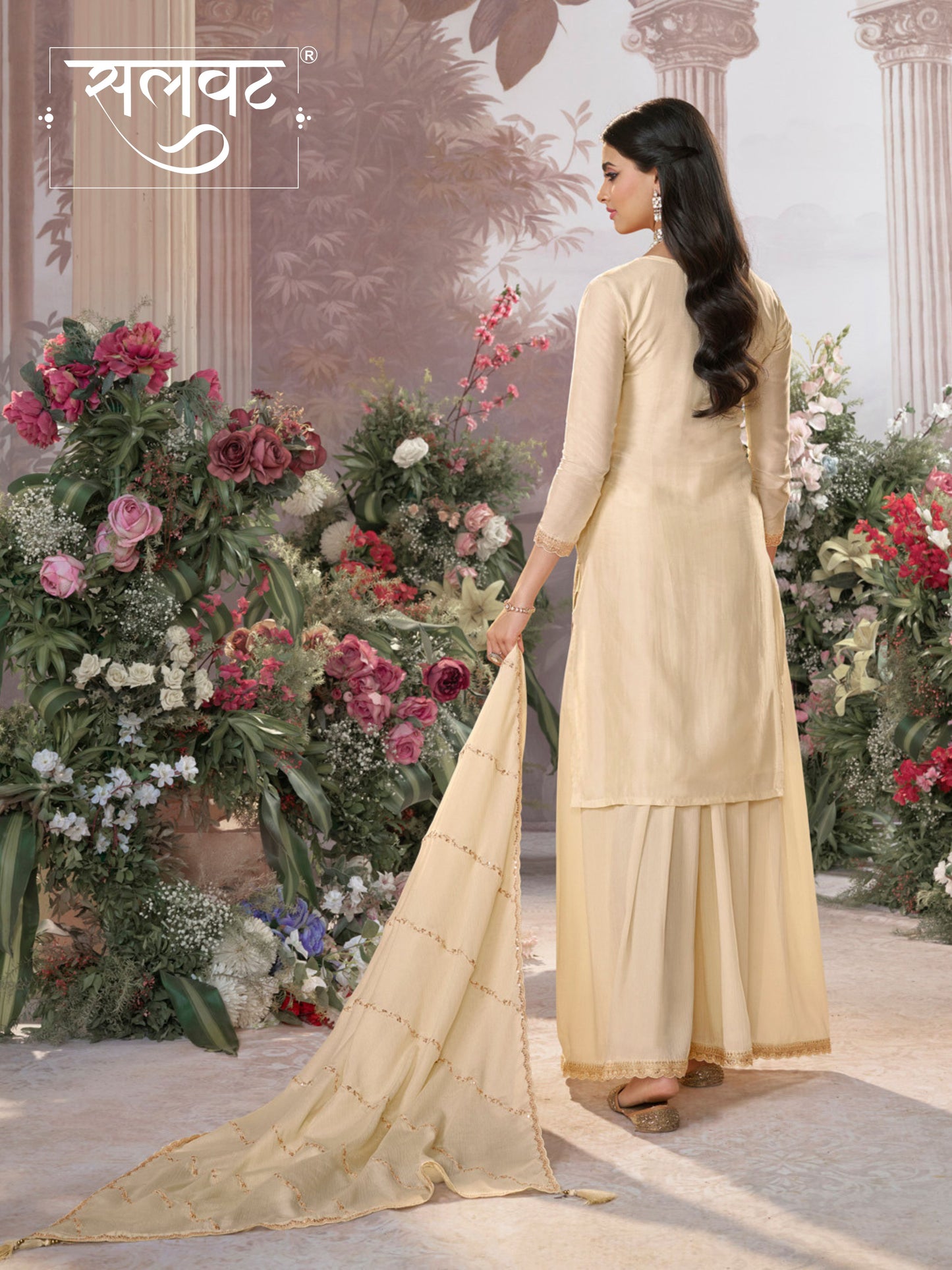 White Dola Silk Meena Jacquard Kurta Set Paired With Embroidered Sharara Suit Set